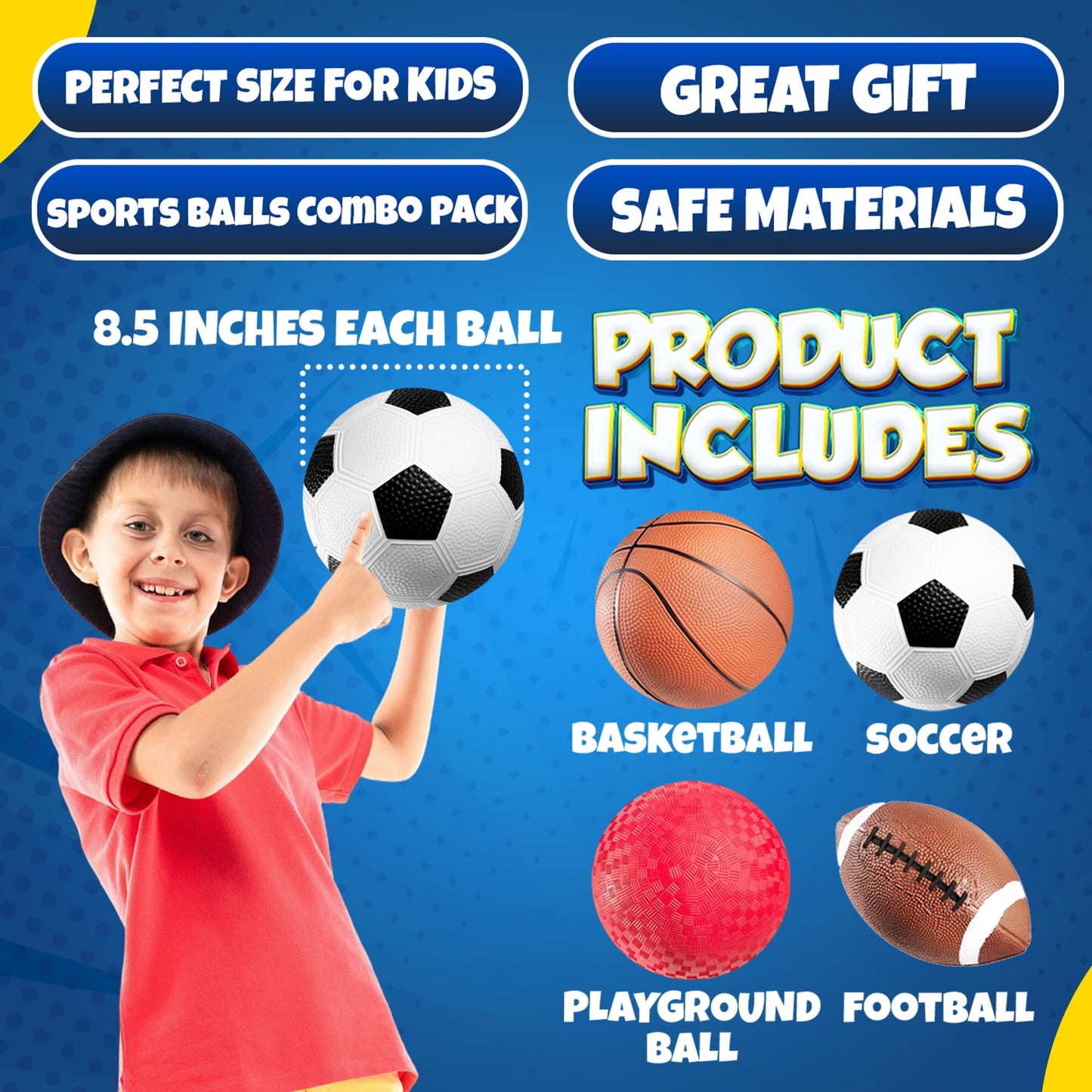 PlayBolt 8.5” Sports Balls — 4-Pack for Kids and Toddlers | Soccer, Basketball, Playground, Football + Pump