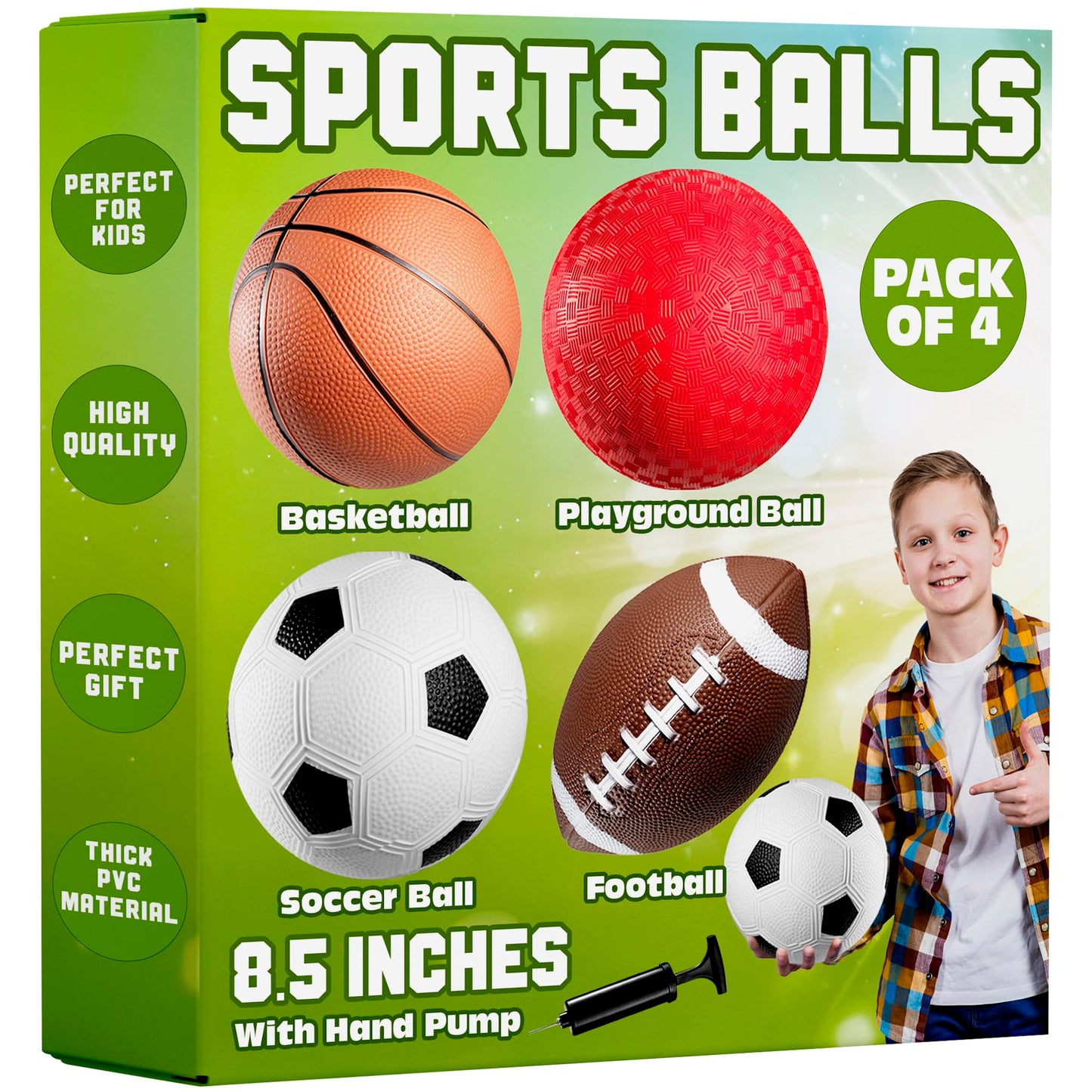 PlayBolt 8.5” Sports Balls — 4-Pack for Kids and Toddlers | Soccer, Basketball, Playground, Football + Pump
