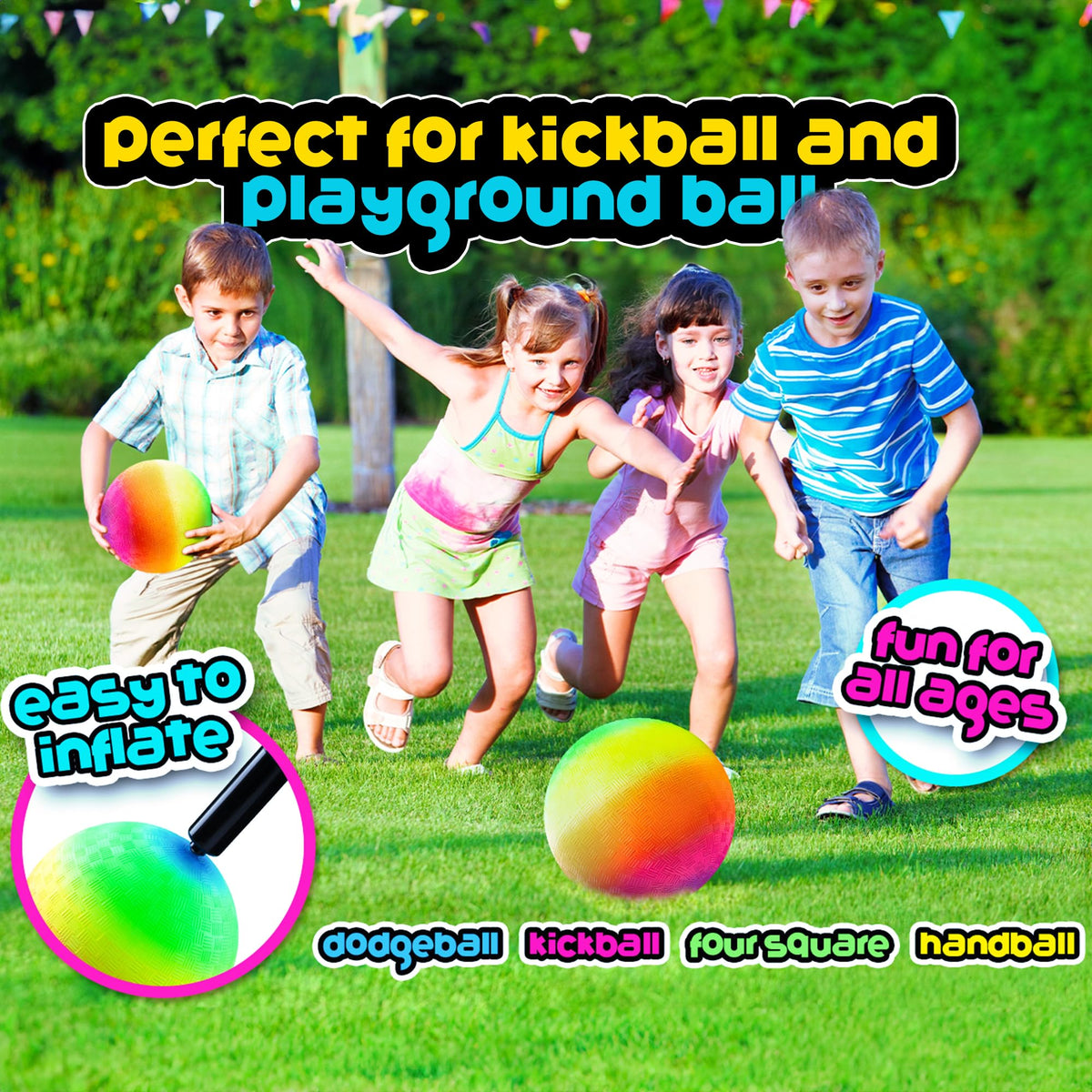 PlayBolt Rainbow Playground Balls - 8.5-Inch (Pack of 4) | Indoor & Outdoor Play