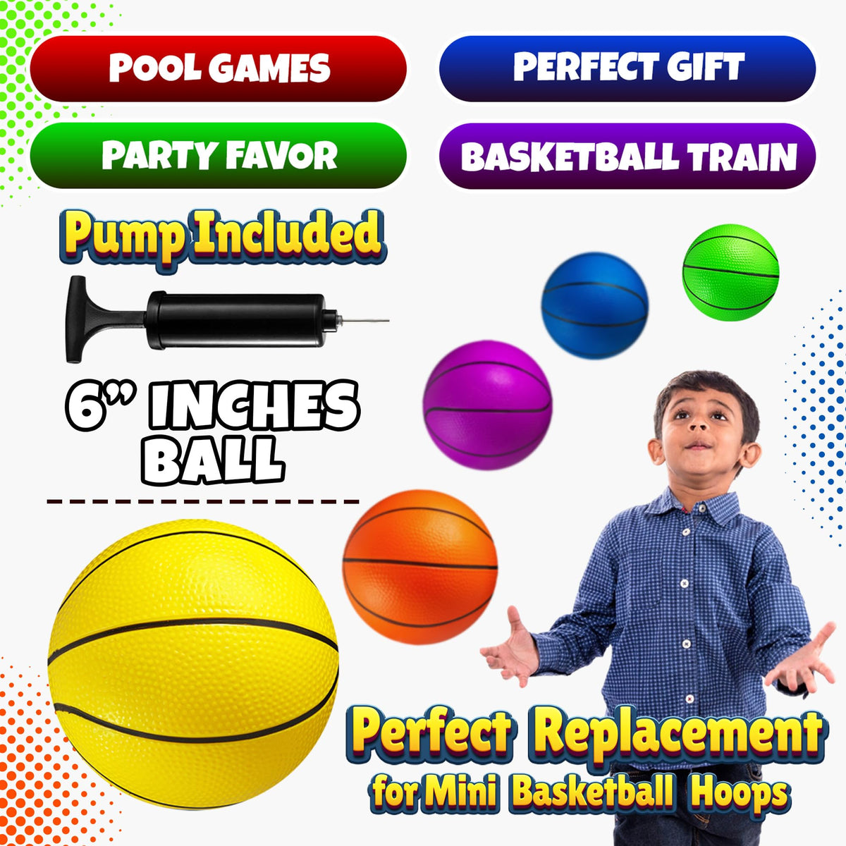 PlayBolt Mini Basketball Set 6-Inch, 5 Pack with Hand Pump