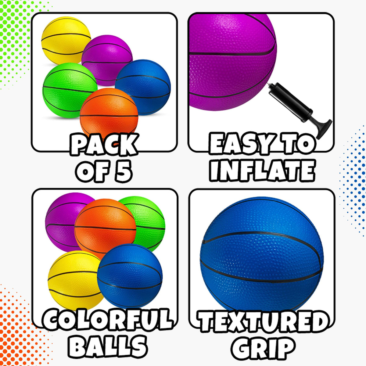 PlayBolt Mini Basketball Set 6-Inch, 5 Pack with Hand Pump