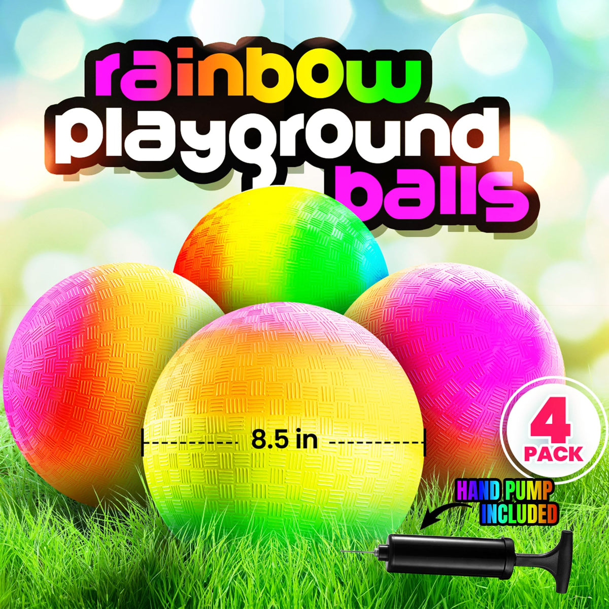 PlayBolt Rainbow Playground Balls - 8.5-Inch (Pack of 4) | Indoor & Outdoor Play