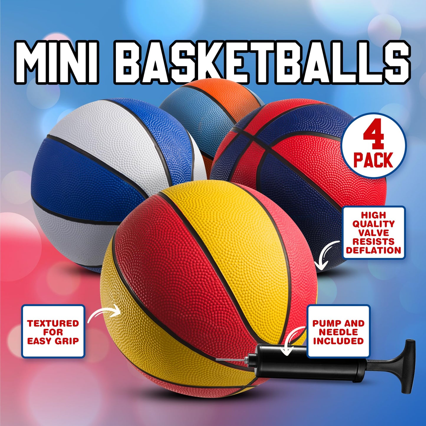 PlayBolt Rubber Mini Basketballs 7 Inch – Pack of 4 with Pump | Indoor & Pool Play