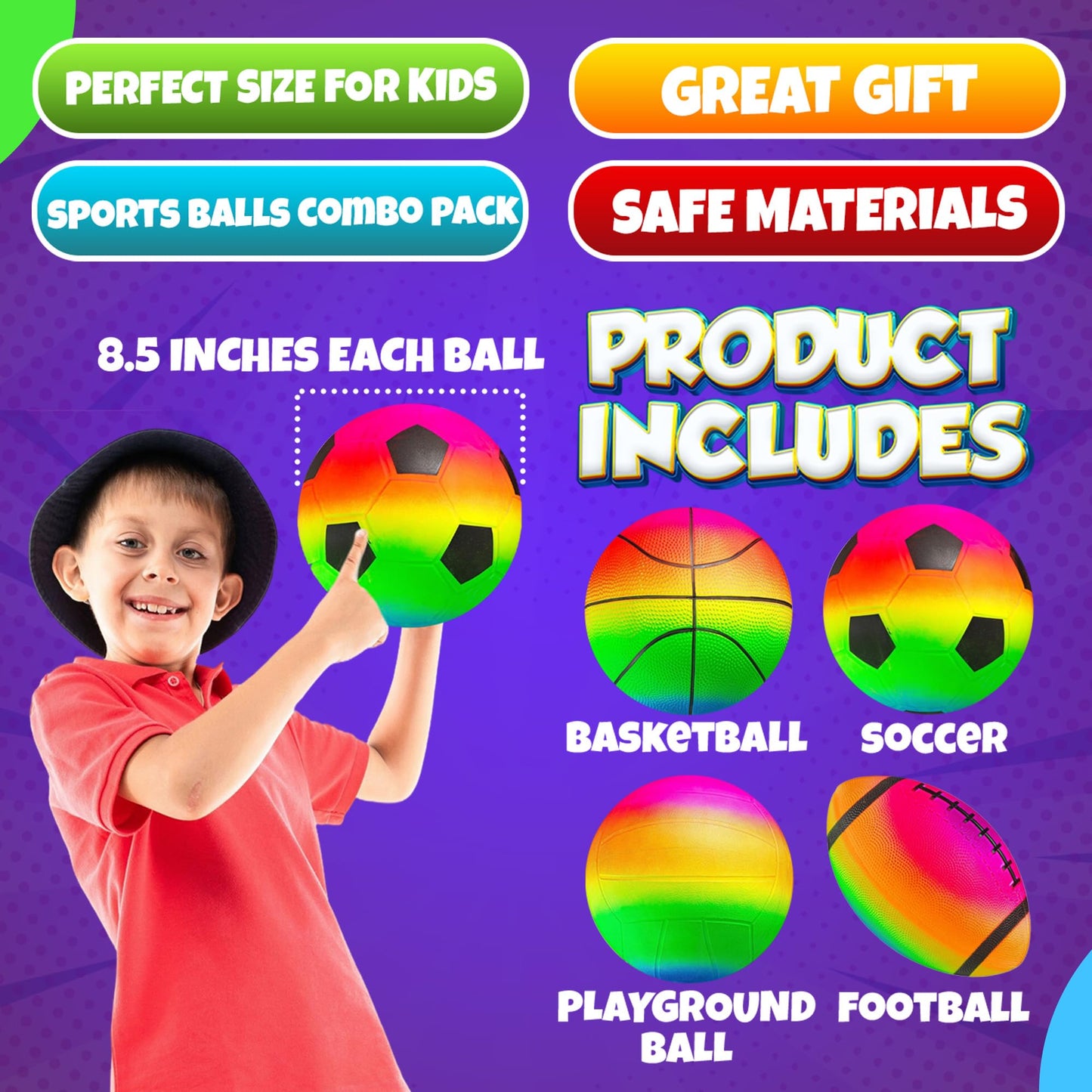 PlayBolt Rainbow Sports Balls for Kids & Toddlers – 4-Pack (8.5-Inch Neon Set)