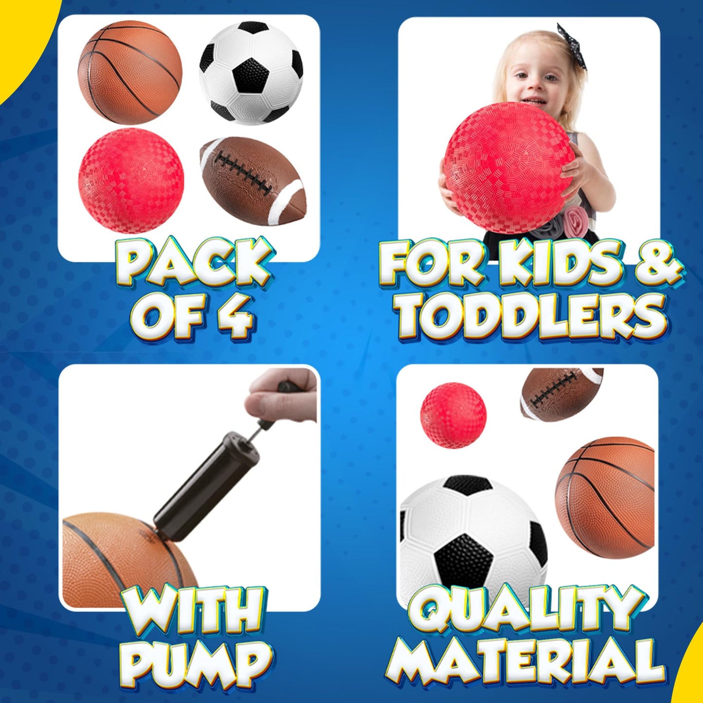 PlayBolt 8.5” Sports Balls — 4-Pack for Kids and Toddlers | Soccer, Basketball, Playground, Football + Pump