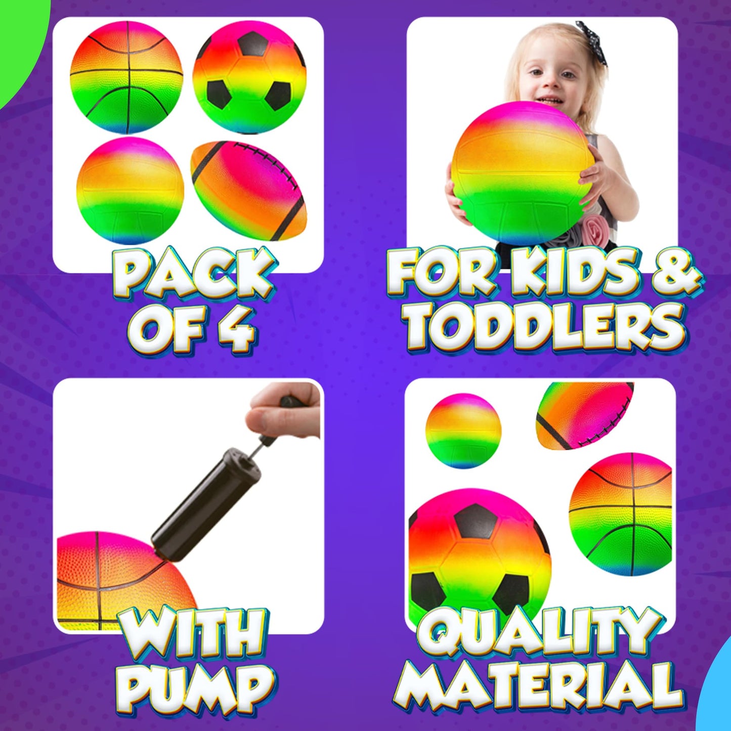 PlayBolt Rainbow Sports Balls for Kids & Toddlers – 4-Pack (8.5-Inch Neon Set)