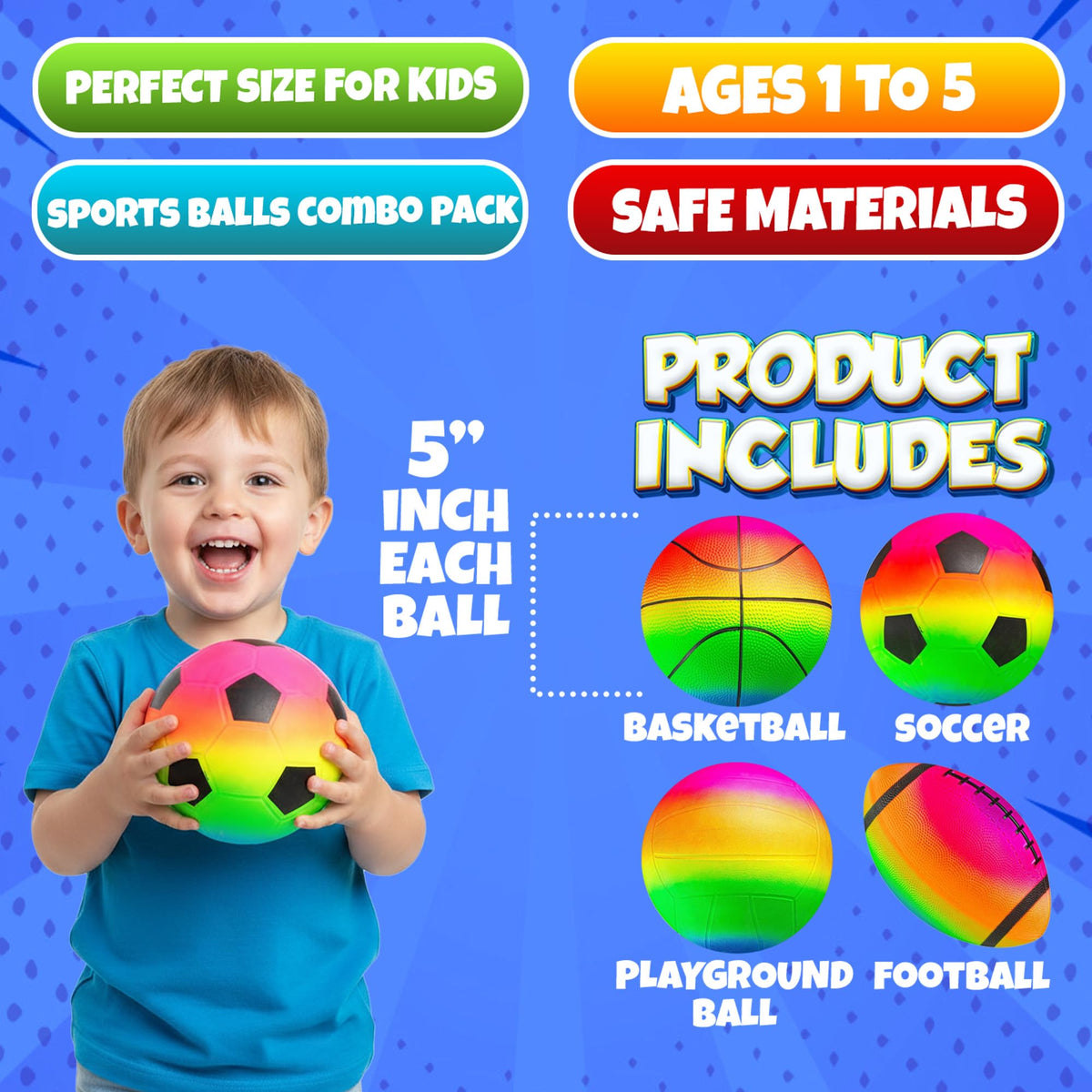 PlayBolt 4-Pack Rainbow Mini Sports Balls with Pump – 5-Inch for Toddlers