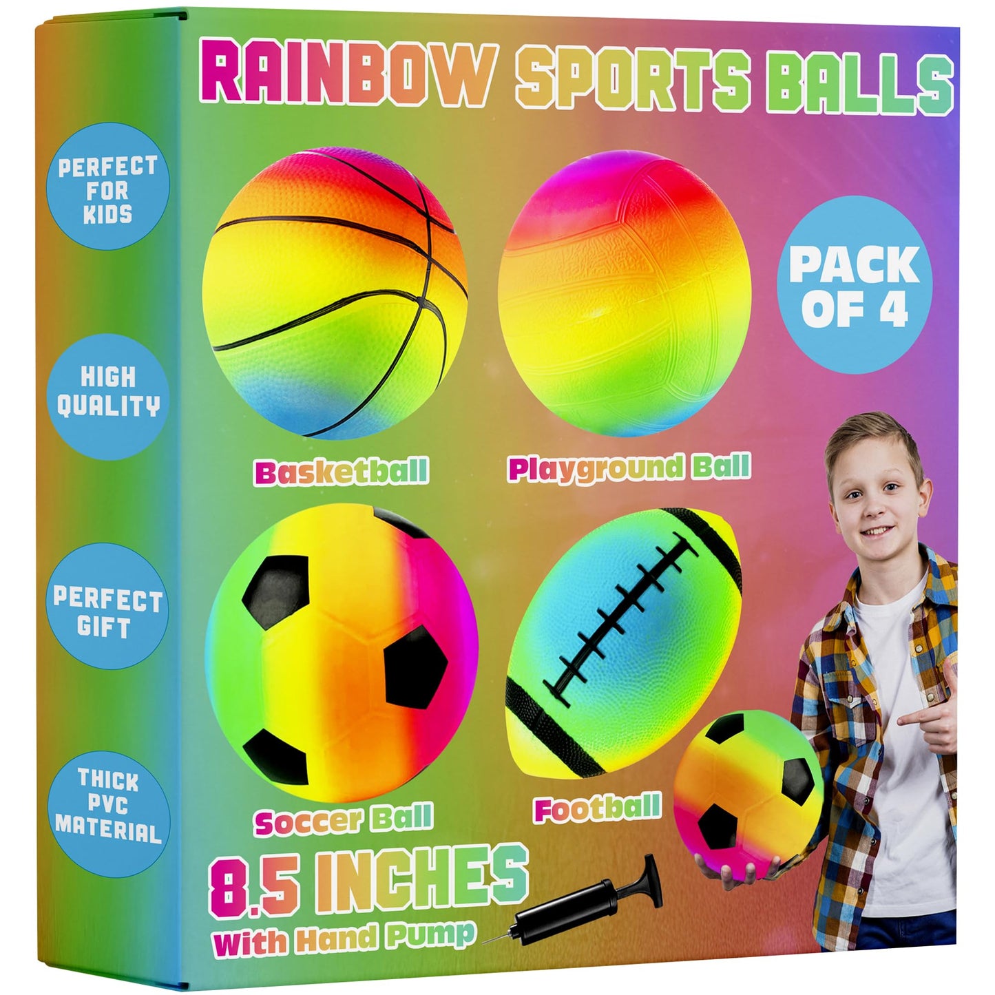 PlayBolt Rainbow Sports Balls for Kids & Toddlers – 4-Pack (8.5-Inch Neon Set)