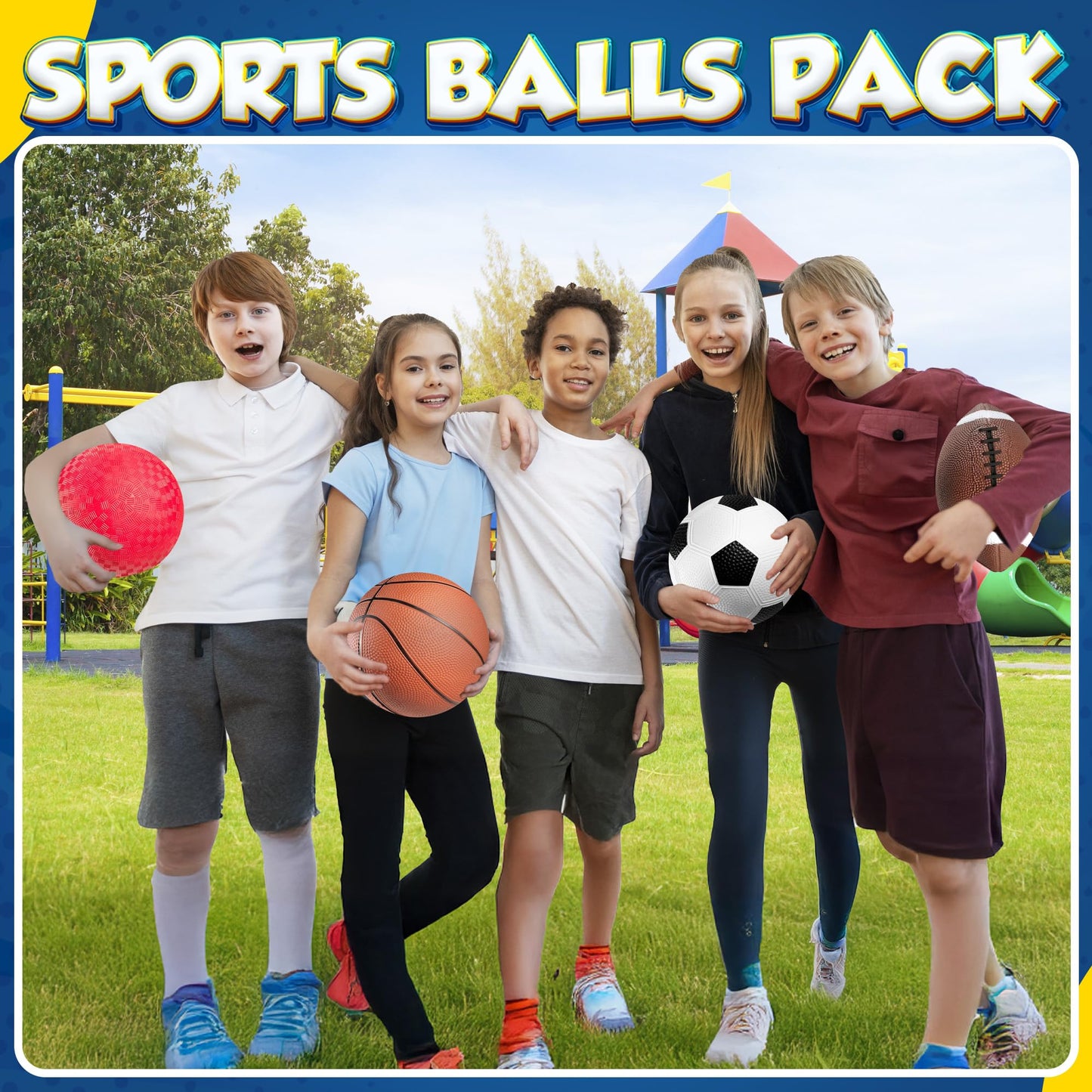 PlayBolt 8.5” Sports Balls — 4-Pack for Kids and Toddlers | Soccer, Basketball, Playground, Football + Pump
