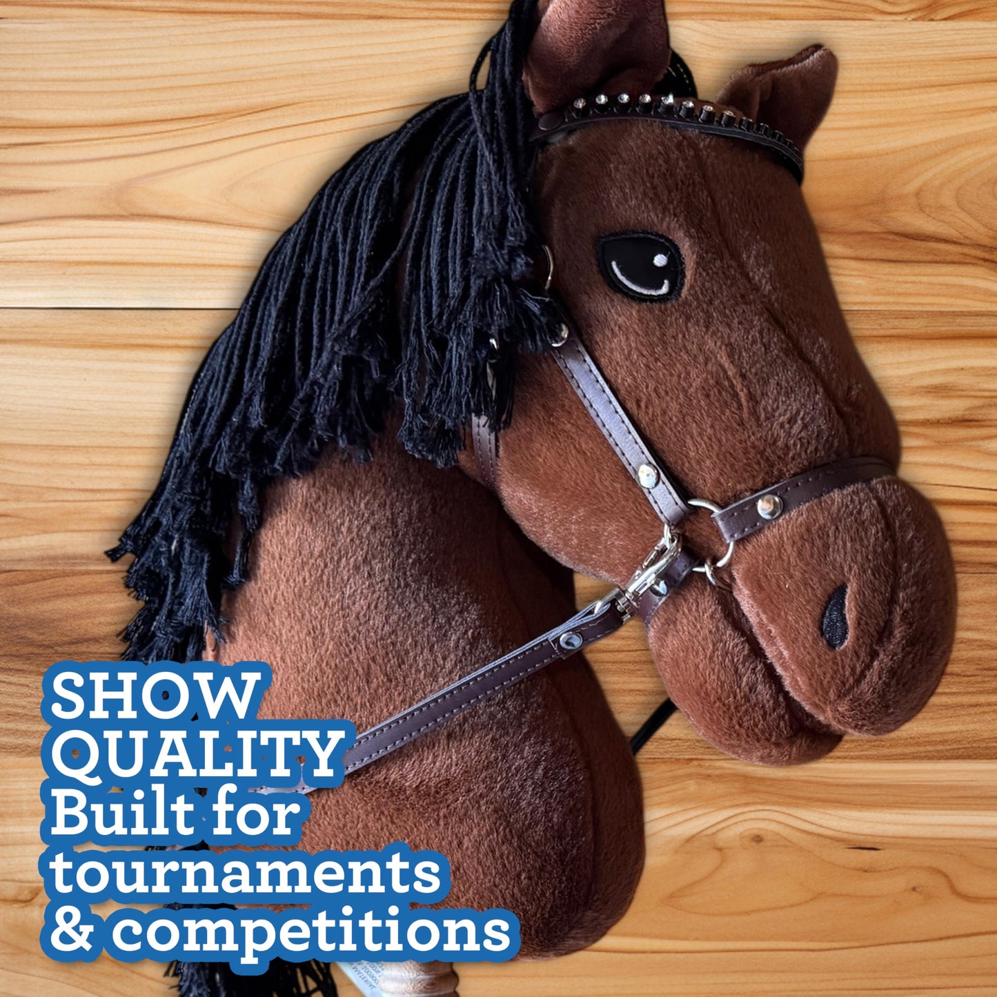 Playful Minds Large Hobby Horse for Kids and Adults – Show Quality with Rhinestone Bridle, Removable Reins, and Long Mane (Bay Brown)