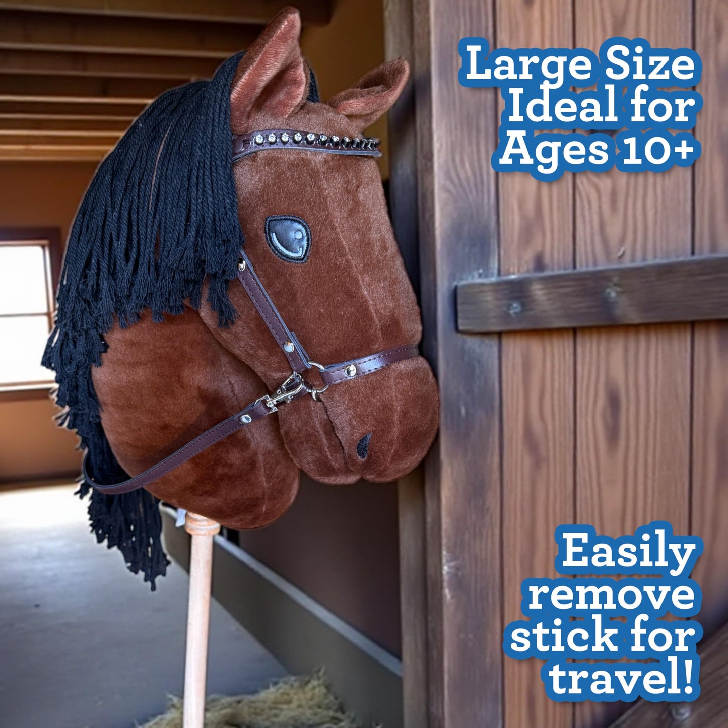 Playful Minds Large Hobby Horse for Kids and Adults – Show Quality with Rhinestone Bridle, Removable Reins, and Long Mane (Bay Brown)