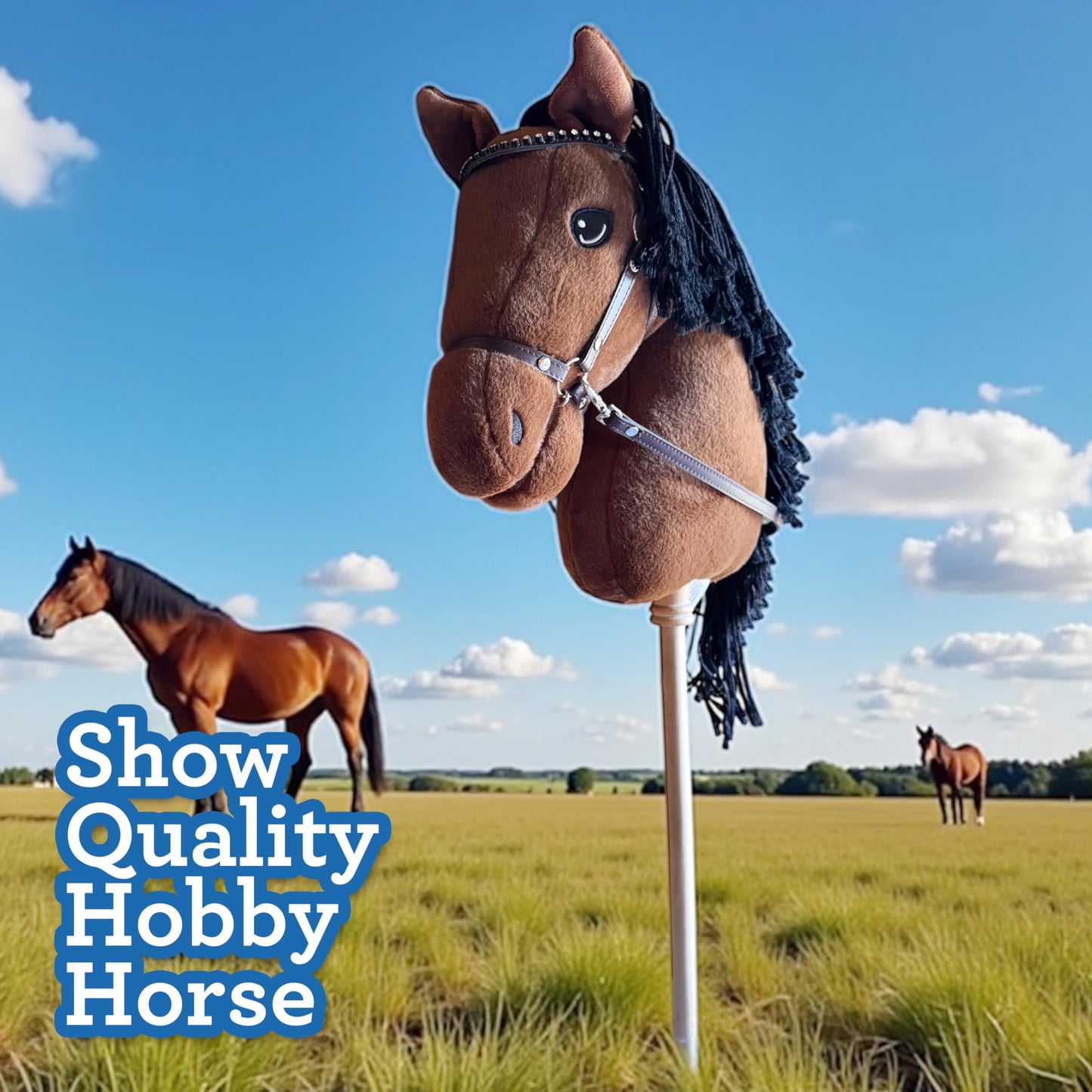 Playful Minds Large Hobby Horse for Kids and Adults – Show Quality with Rhinestone Bridle, Removable Reins, and Long Mane (Bay Brown)