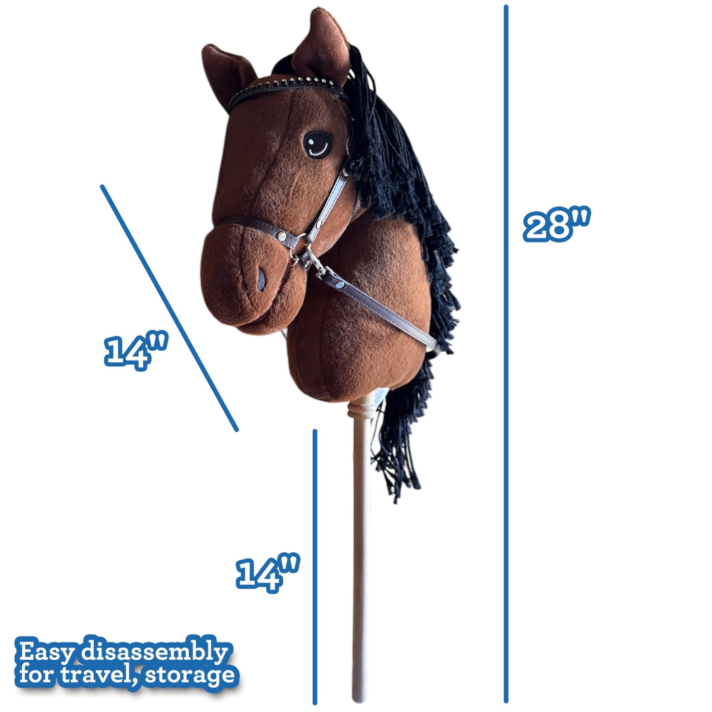 Playful Minds Large Hobby Horse for Kids and Adults – Show Quality with Rhinestone Bridle, Removable Reins, and Long Mane (Bay Brown)