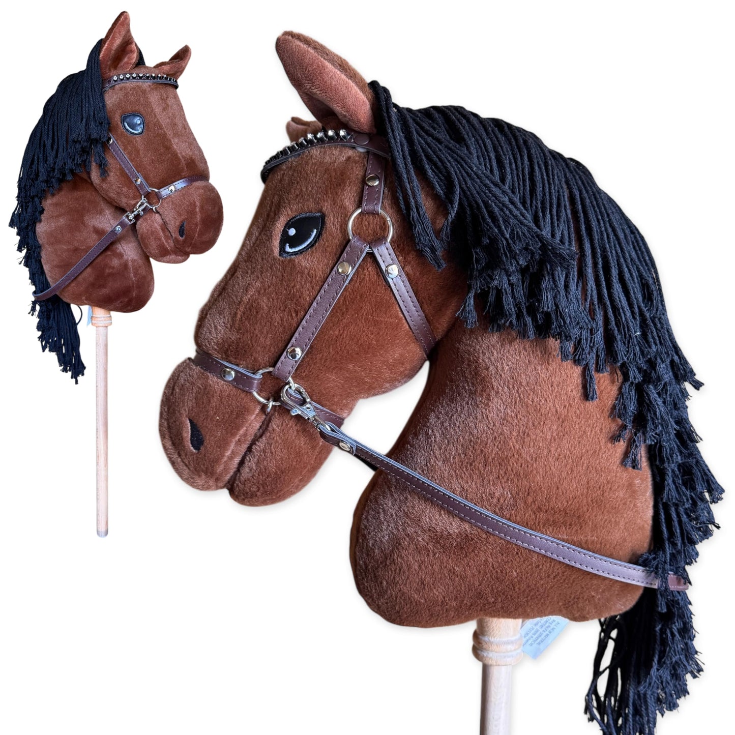 Playful Minds Large Hobby Horse for Kids and Adults – Show Quality with Rhinestone Bridle, Removable Reins, and Long Mane (Bay Brown)