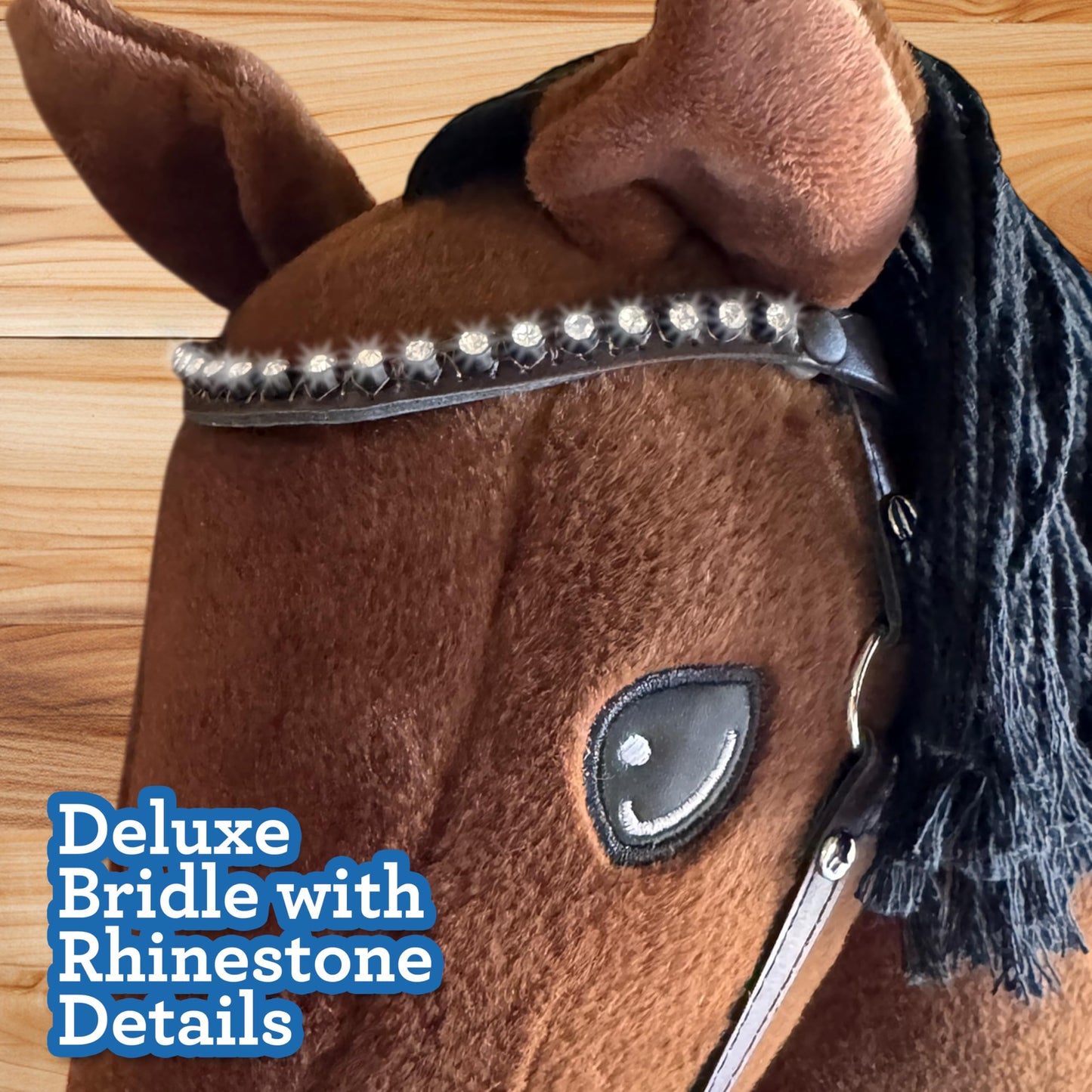 Playful Minds Large Hobby Horse for Kids and Adults – Show Quality with Rhinestone Bridle, Removable Reins, and Long Mane (Bay Brown)