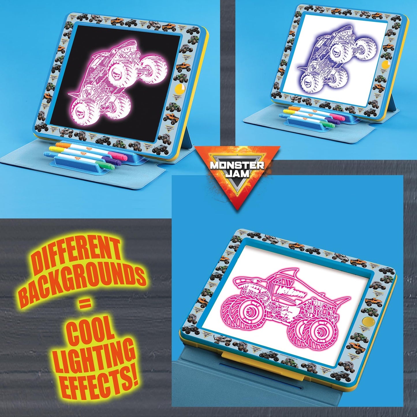 Playful Minds Monster Jam Premium Glow Pad – LED Drawing Pad with Easel Cover, 3 Markers & 8 Backgrounds