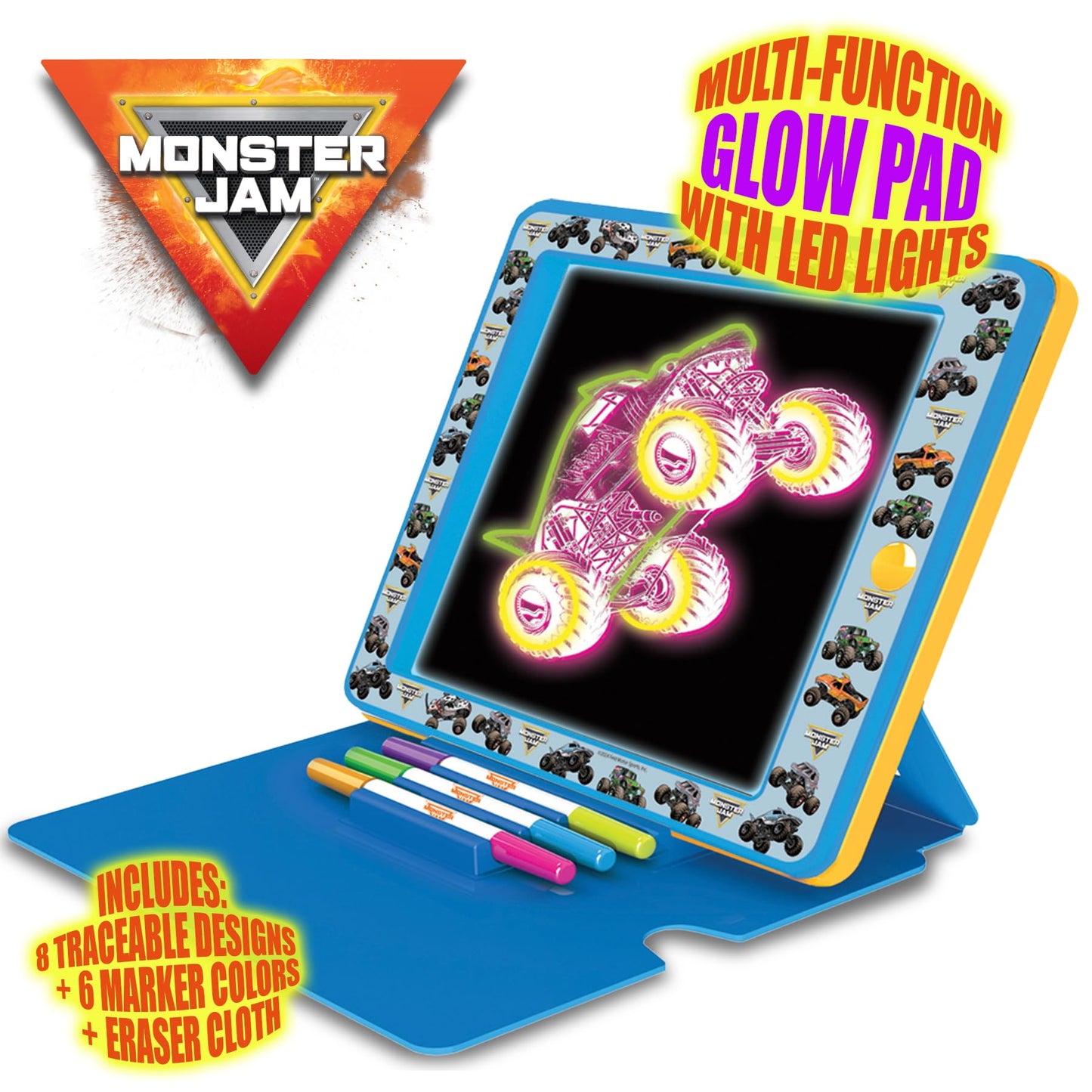 Playful Minds Monster Jam Premium Glow Pad – LED Drawing Pad with Easel Cover, 3 Markers & 8 Backgrounds
