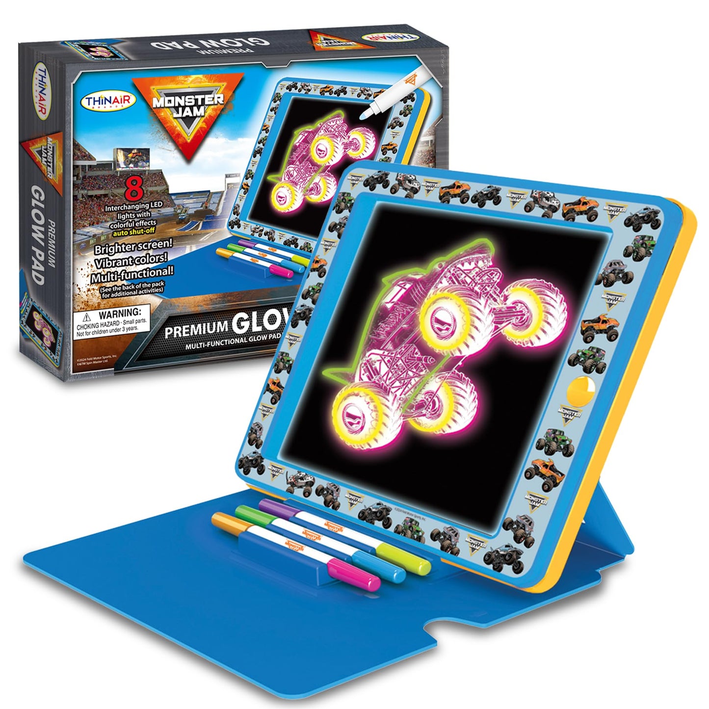 Playful Minds Monster Jam Premium Glow Pad – LED Drawing Pad with Easel Cover, 3 Markers & 8 Backgrounds