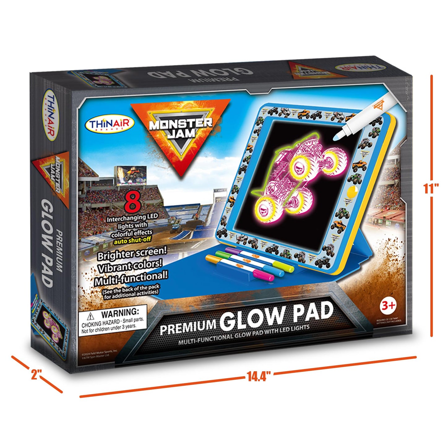 Playful Minds Monster Jam Premium Glow Pad – LED Drawing Pad with Easel Cover, 3 Markers & 8 Backgrounds