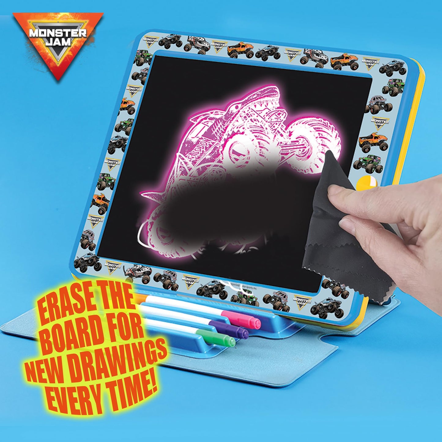 Playful Minds Monster Jam Premium Glow Pad – LED Drawing Pad with Easel Cover, 3 Markers & 8 Backgrounds