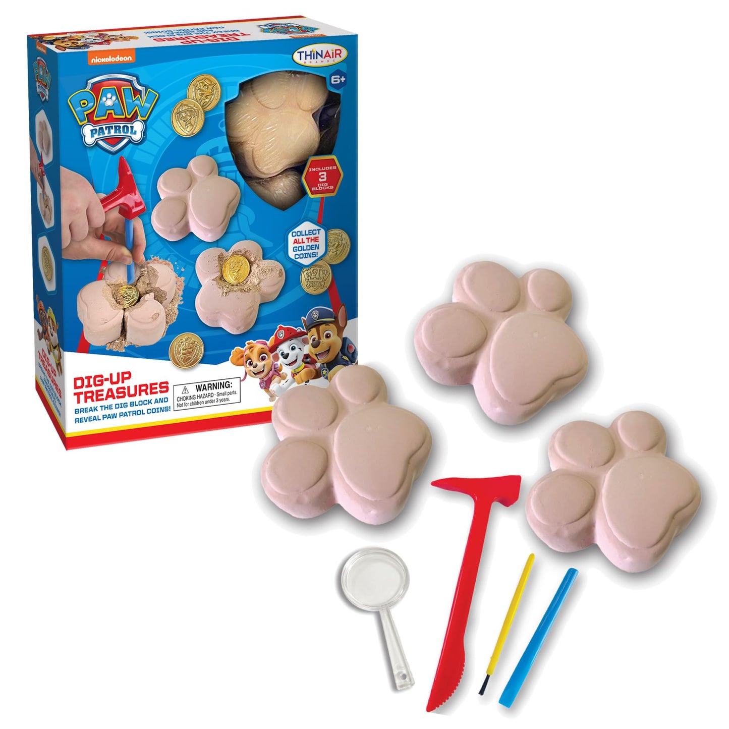 Playful Minds PAW Patrol Dig-Up Treasures Kit – 3 Blocks, Hidden Coins, Tools & Magnifier (Ages 6+)