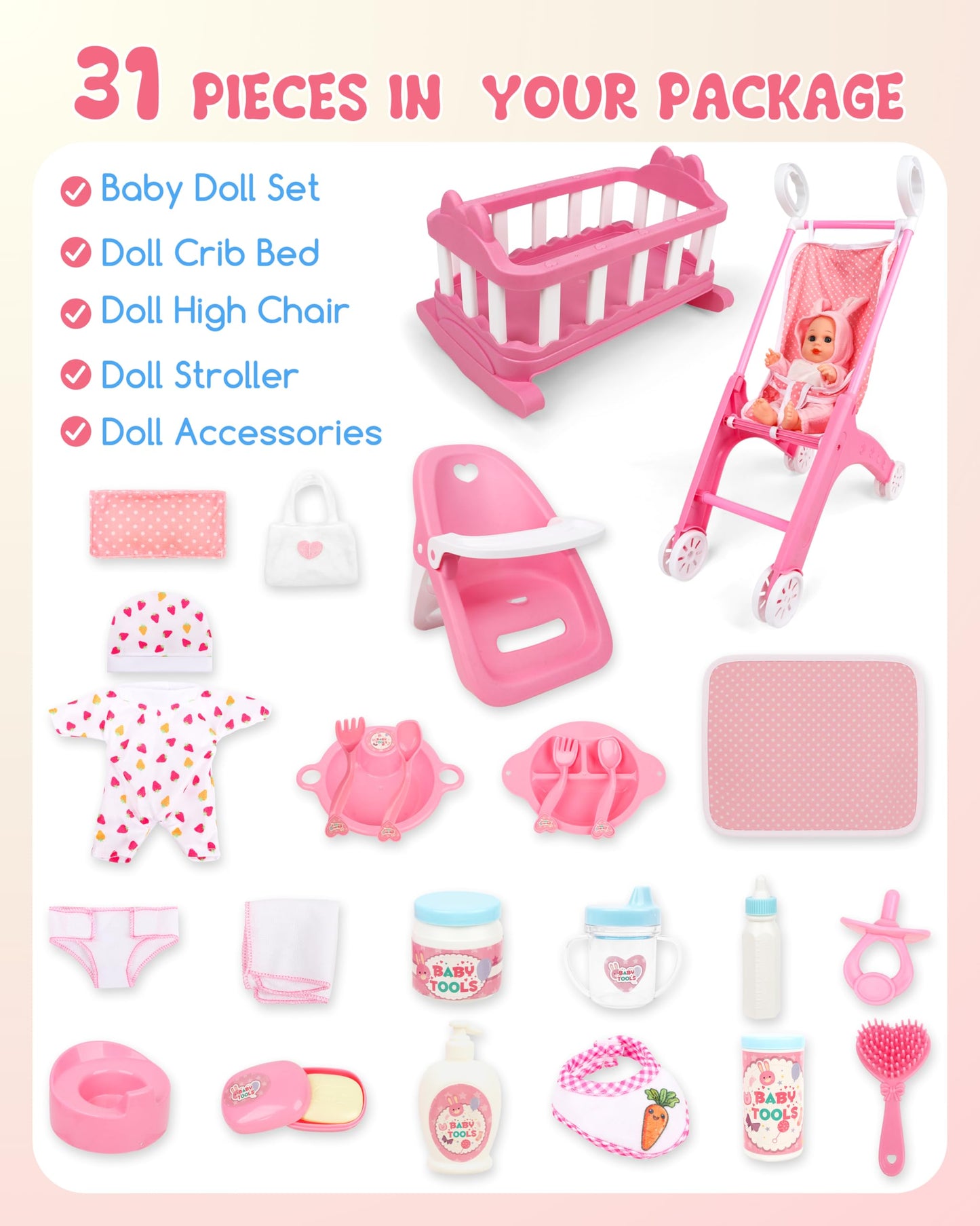 PLAYFULBAY 31-Piece Baby Doll Playset with Stroller, Crib & High Chair – Imaginative Role-Play Gift for Ages 2+