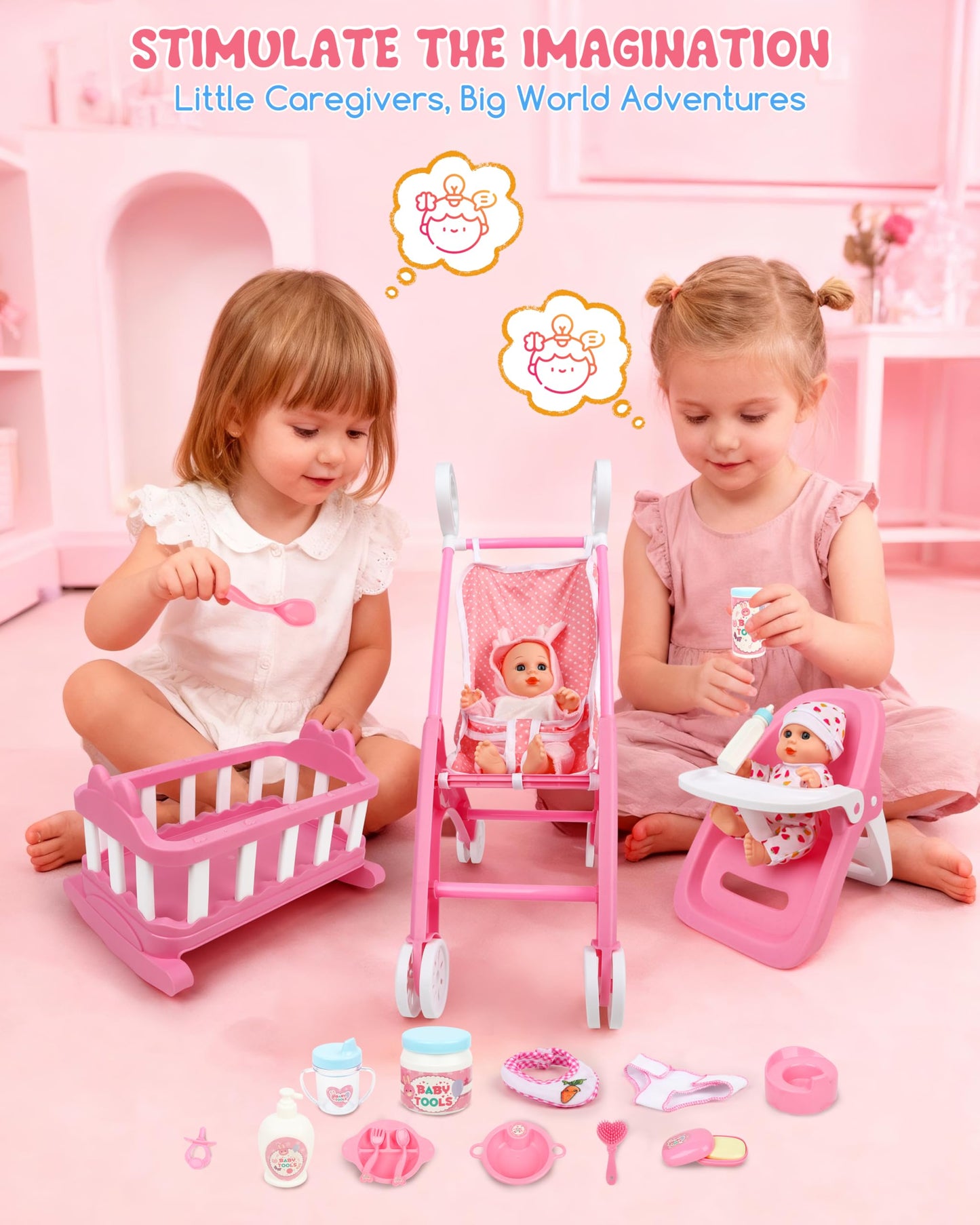 PLAYFULBAY 31-Piece Baby Doll Playset with Stroller, Crib & High Chair – Imaginative Role-Play Gift for Ages 2+