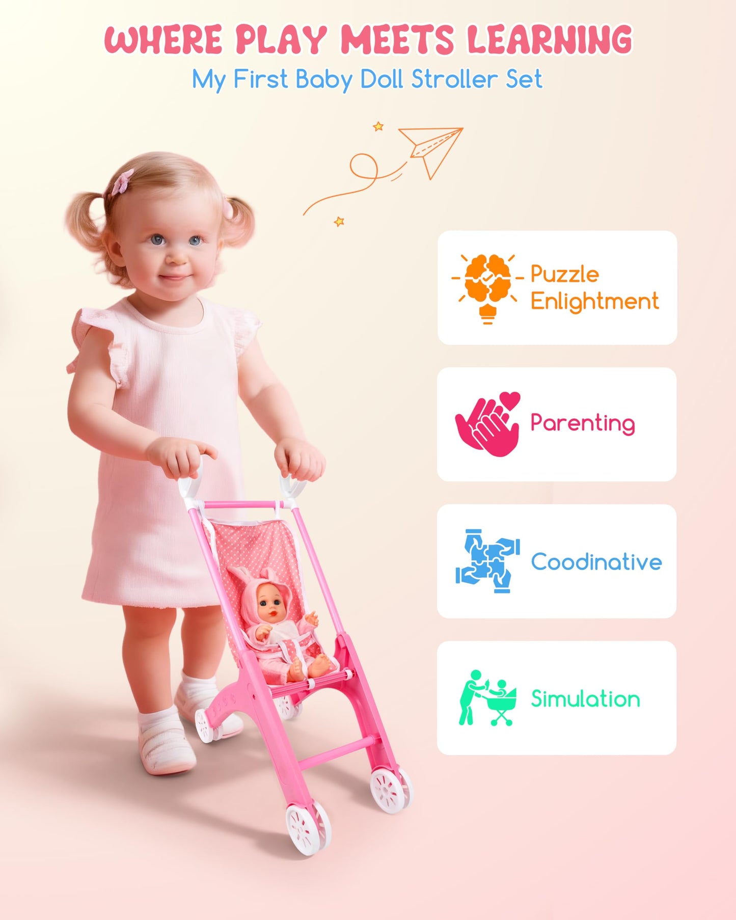 PLAYFULBAY 31-Piece Baby Doll Playset with Stroller, Crib & High Chair – Imaginative Role-Play Gift for Ages 2+