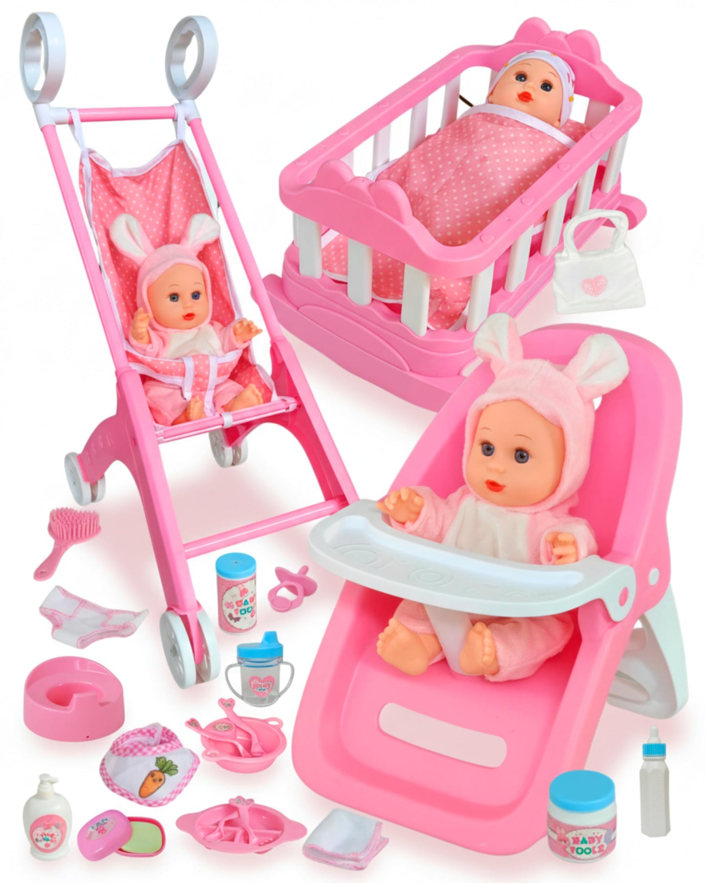 PLAYFULBAY 31-Piece Baby Doll Playset with Stroller, Crib & High Chair – Imaginative Role-Play Gift for Ages 2+