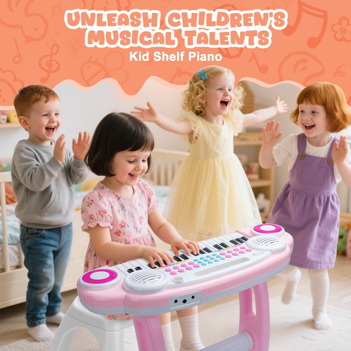 PLAYFULBAY 37-Key Kids Piano with Microphone & Stool