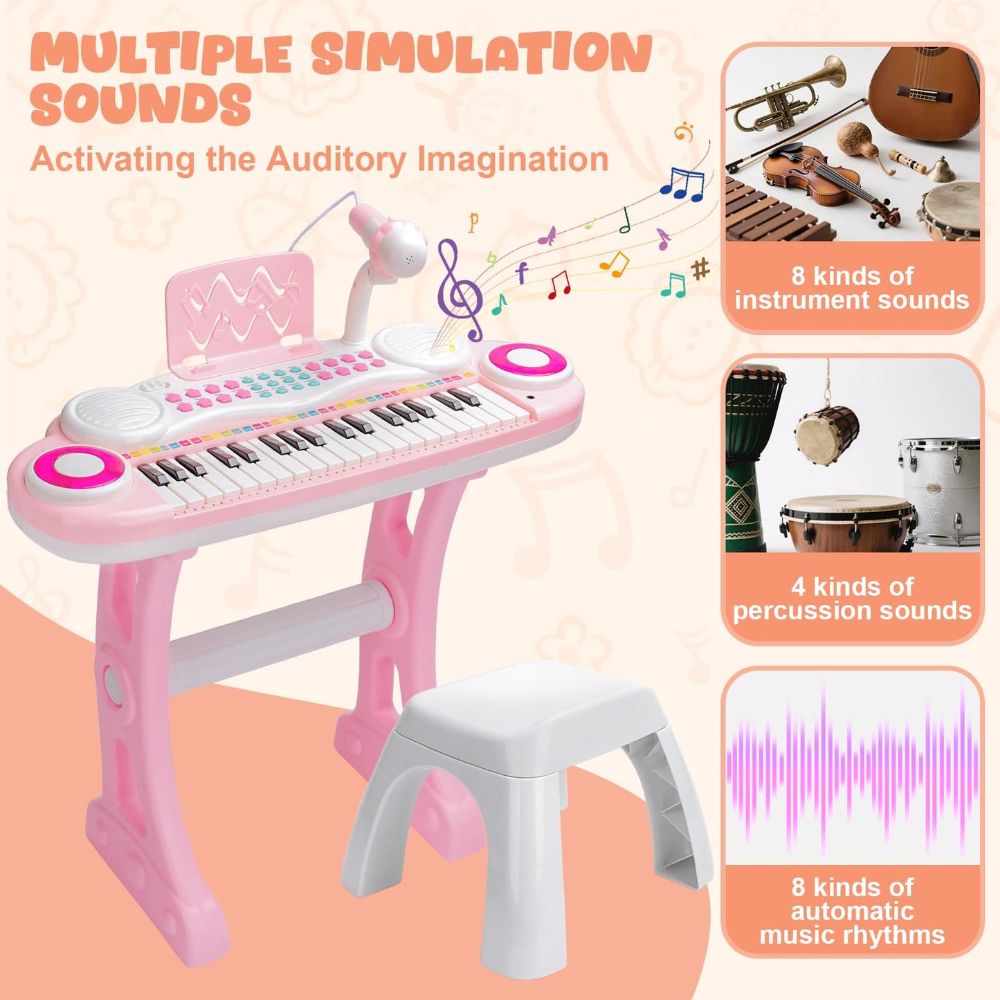 PLAYFULBAY 37-Key Kids Piano with Microphone & Stool