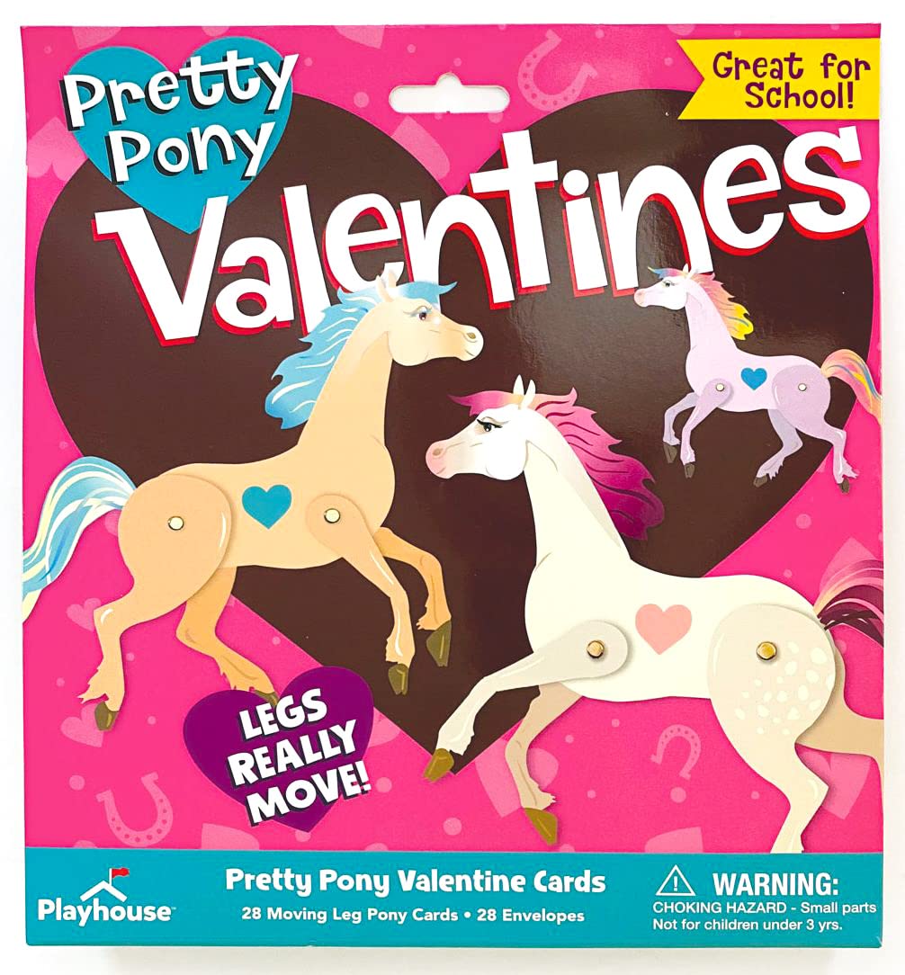 Playhouse Pretty Prancing Ponies 28-Card Valentine Exchange Pack for Kids | Big 4.2 x 5 Cards with Envelopes