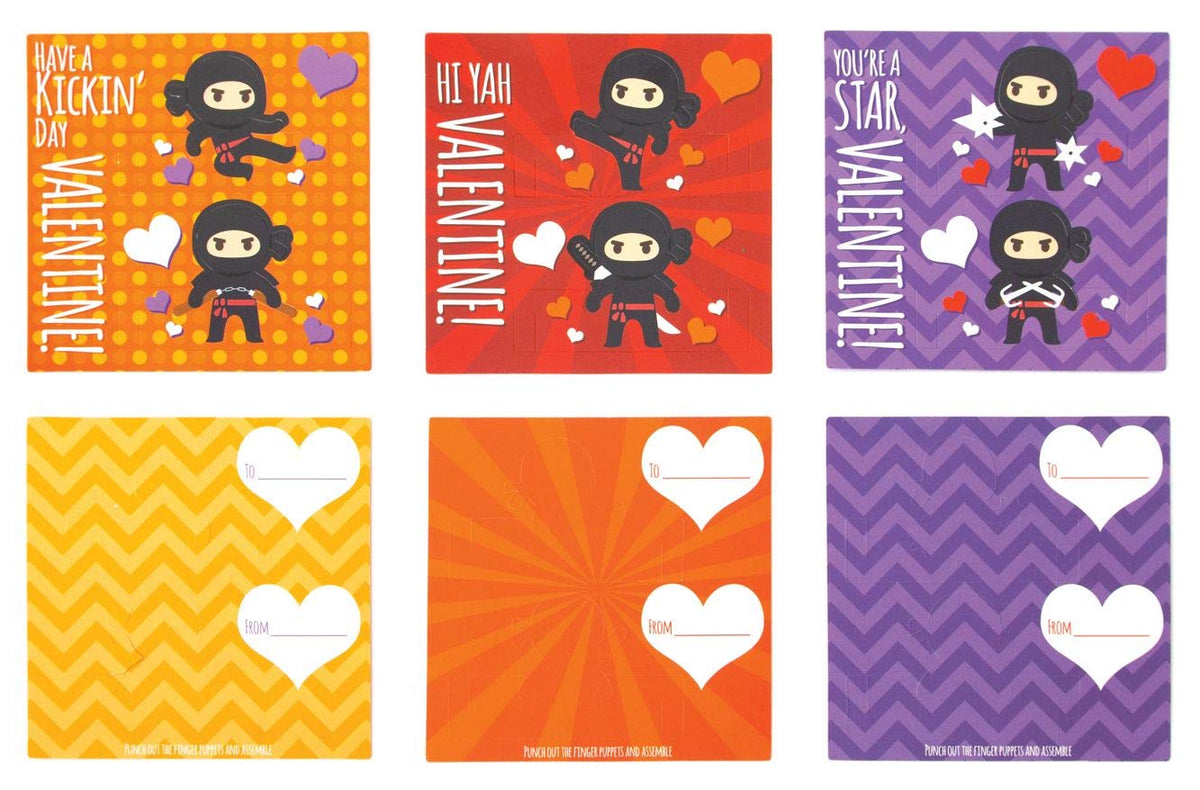 Playhouse Super Ninja Finger Puppets — 28 Card Valentine Box for Kids | Scratch & Sniff Fun