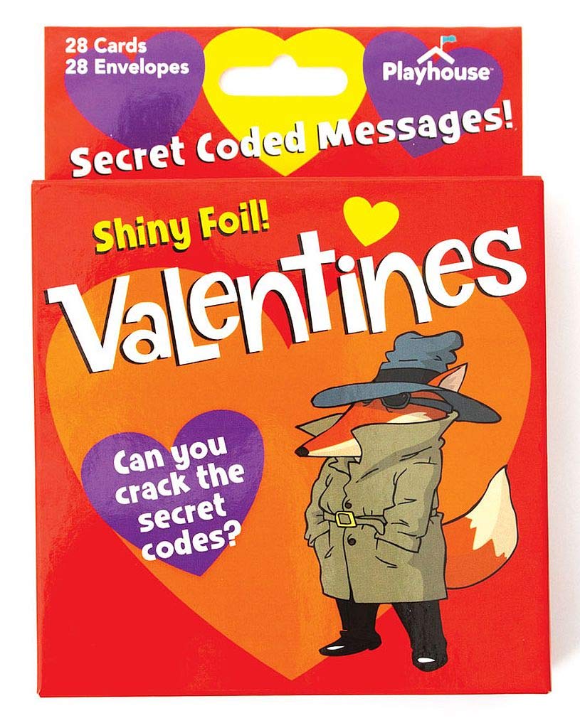 Playhouse Secret Codes Shiny Foil 28-Card Valentine Box with Envelopes for Kids
