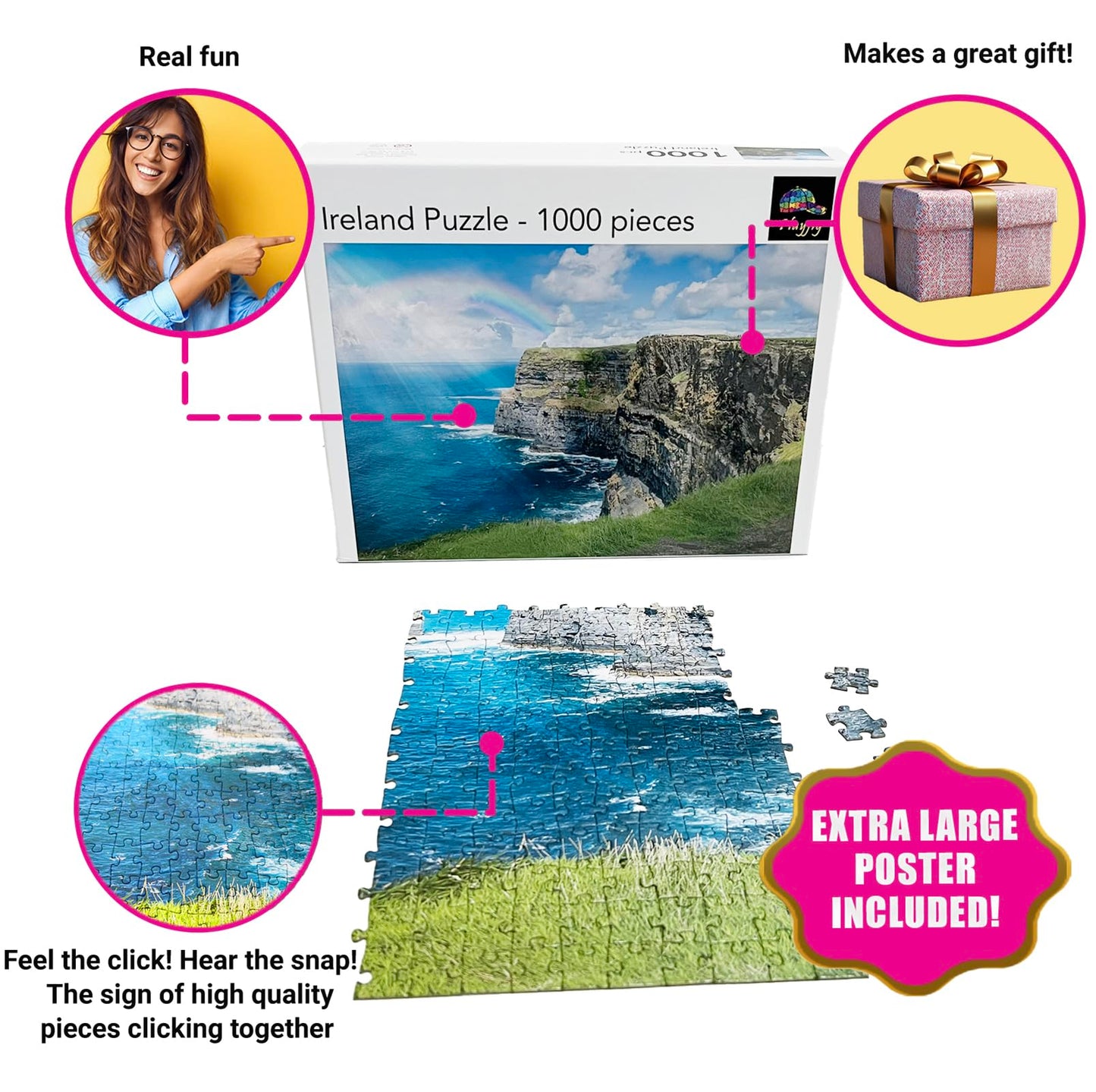 Playjig's Ireland Puzzle - 1000 Piece Cliffs of Moher Rainbow Scene for Adults
