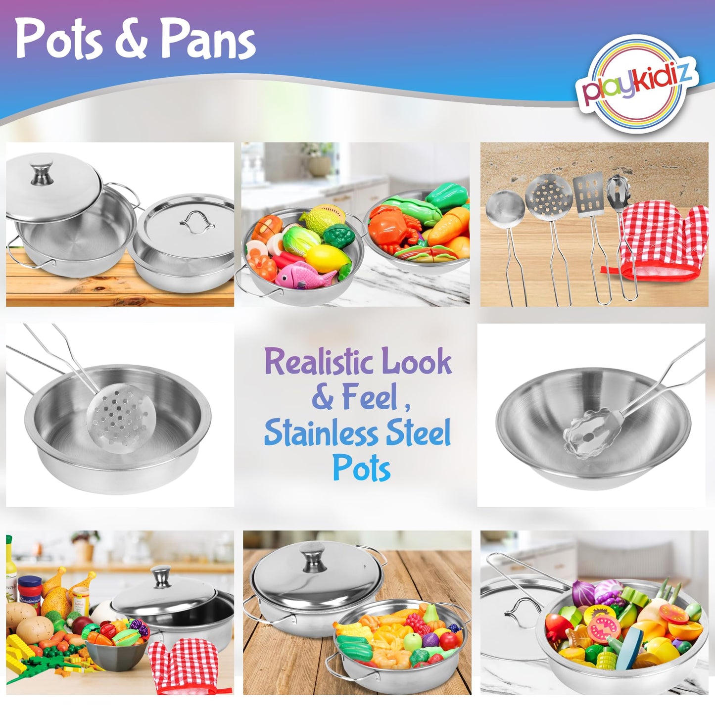 Playkidz Stainless Steel Pots and Pans - 9-Piece Toy Cookware Set for Kids