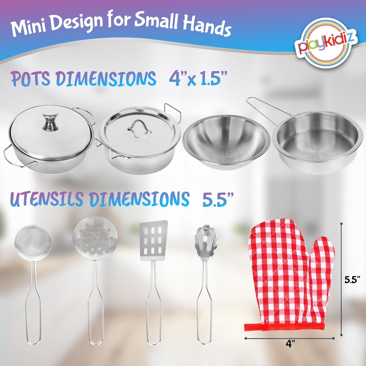 Playkidz Stainless Steel Pots and Pans - 9-Piece Toy Cookware Set for Kids