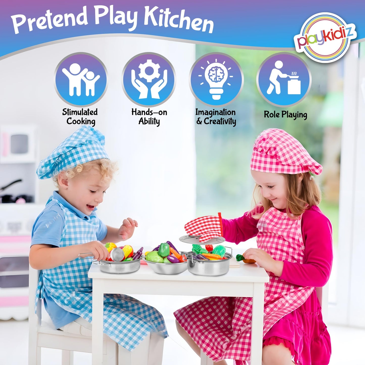 Playkidz Stainless Steel Pots and Pans - 9-Piece Toy Cookware Set for Kids