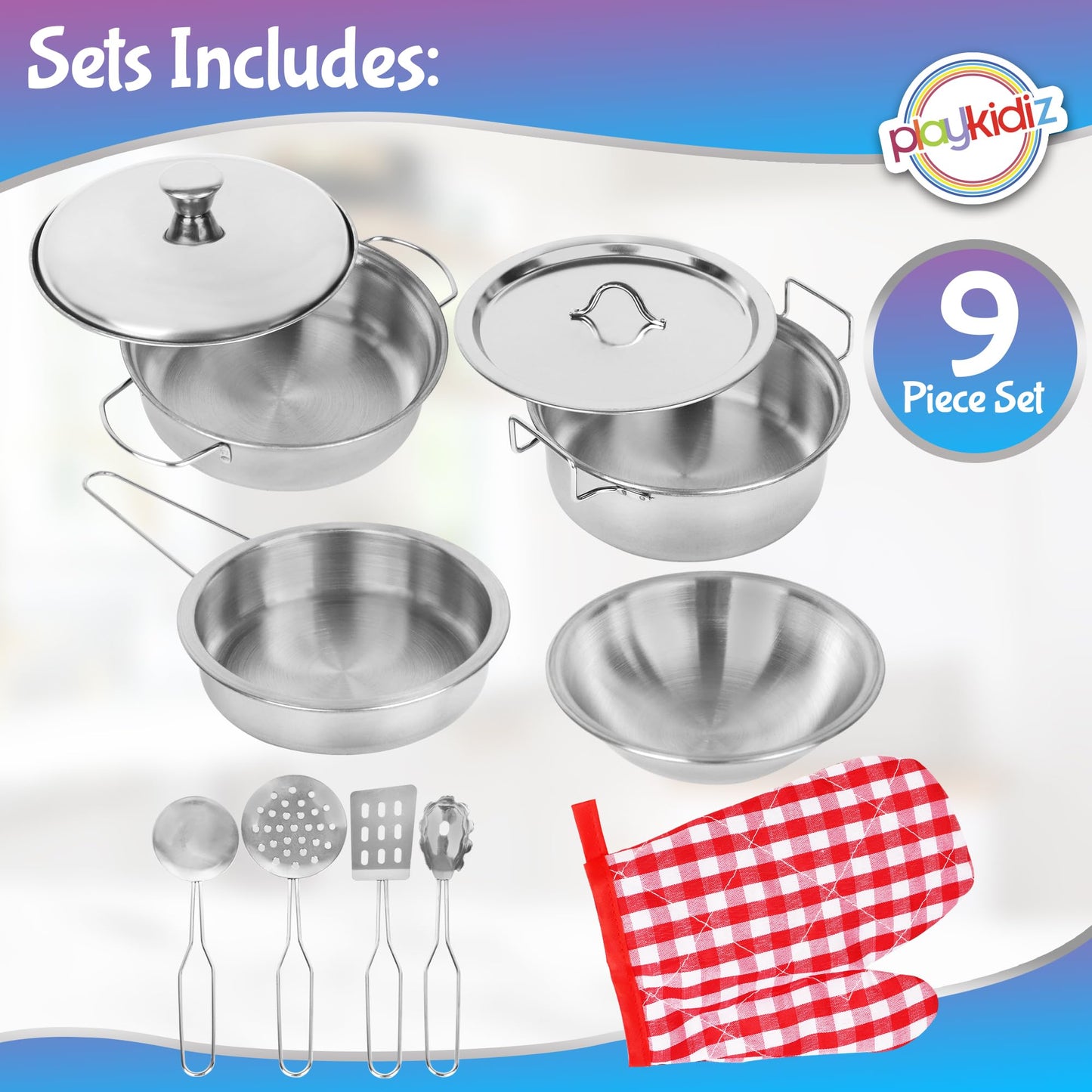 Playkidz Stainless Steel Pots and Pans - 9-Piece Toy Cookware Set for Kids