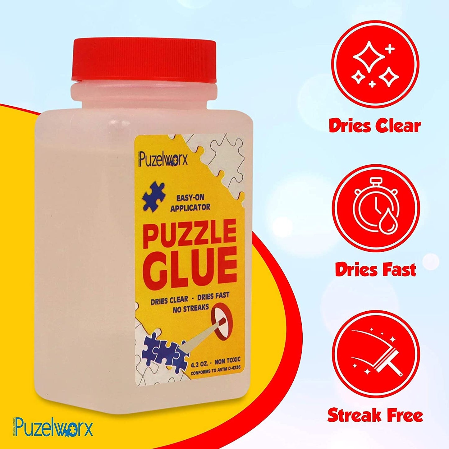 Playkidz PuzzleWorx Glue — 2x 4.2 oz, Easy-On Applicator, Clear Non-Toxic Glue for 1000/1500/2000-Piece Puzzles