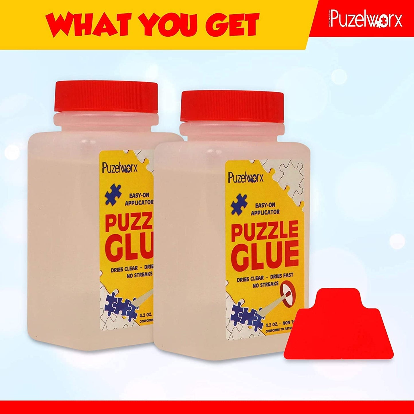 Playkidz PuzzleWorx Glue — 2x 4.2 oz, Easy-On Applicator, Clear Non-Toxic Glue for 1000/1500/2000-Piece Puzzles