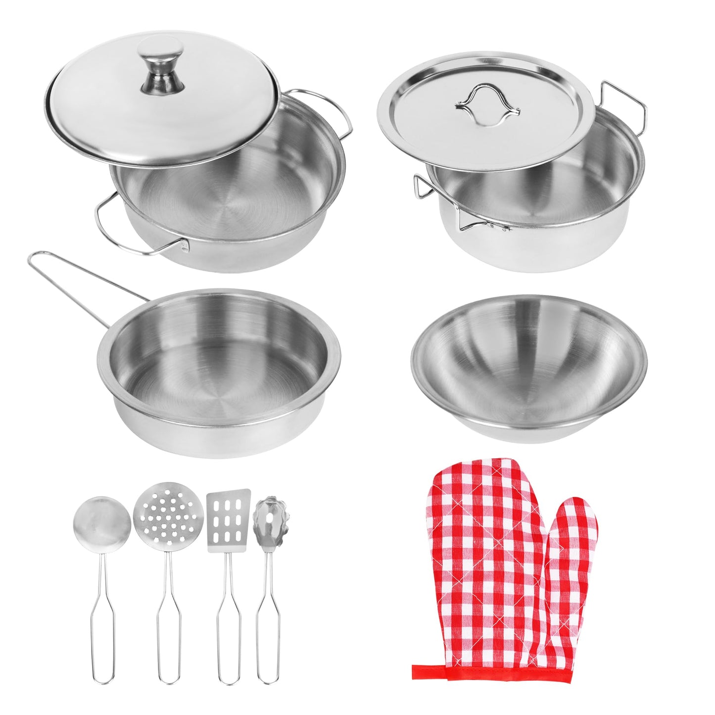 Playkidz Stainless Steel Pots and Pans - 9-Piece Toy Cookware Set for Kids