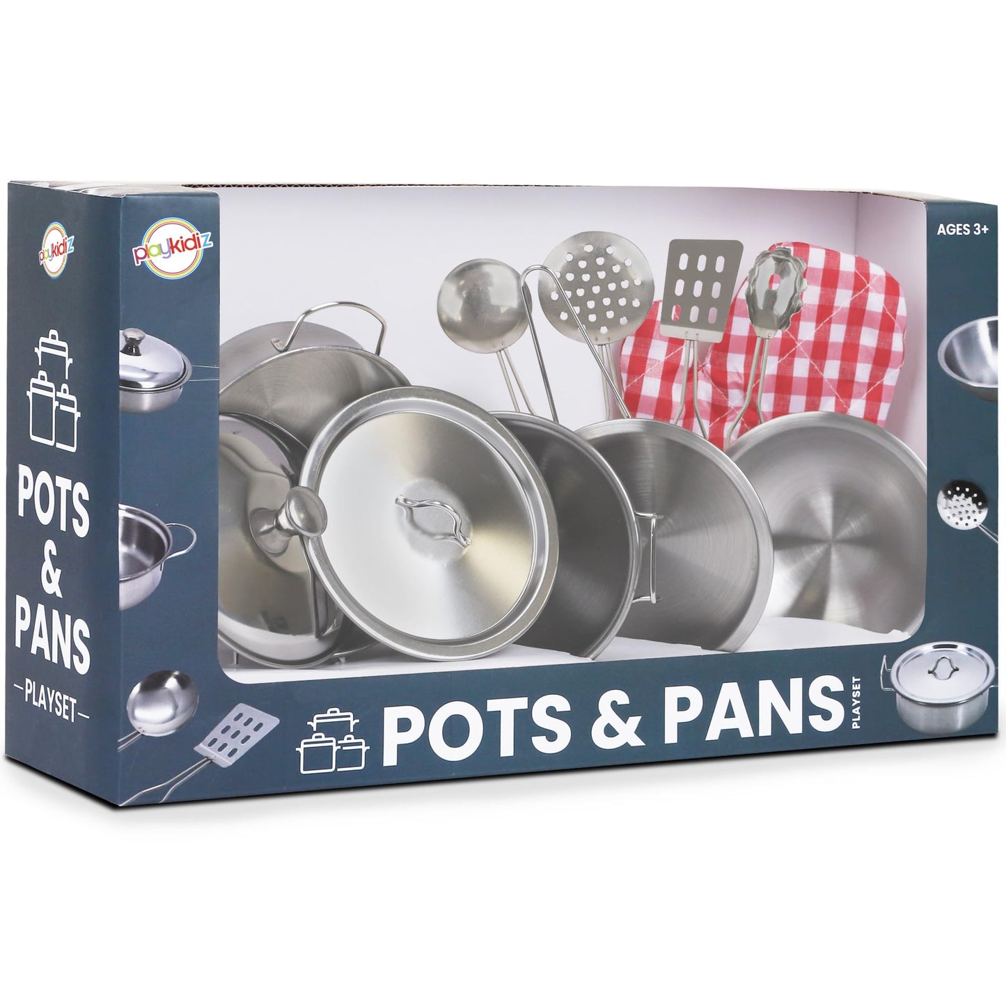 Playkidz Stainless Steel Pots and Pans - 9-Piece Toy Cookware Set for Kids