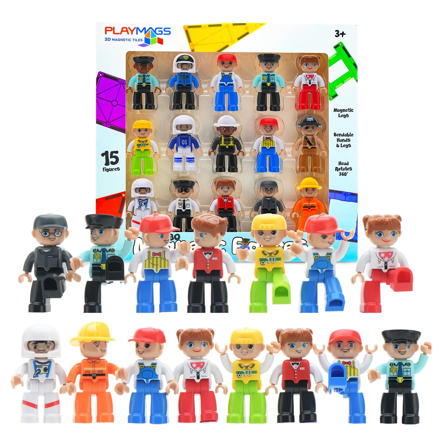Playmags Large Magnetic Figures – 15-Piece Community Set for Magnetic Tiles & STEM Play