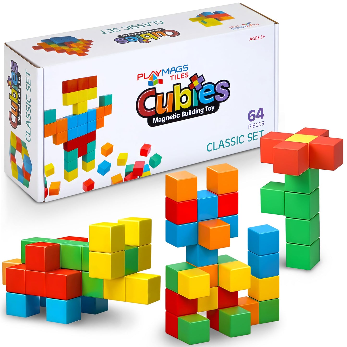 Playmags Magnetic Blocks Building Toy – 64pc STEM Set for Toddlers & Kids