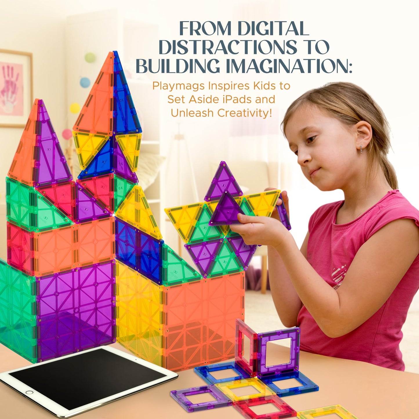 Playmags 150-Piece Magnetic Tiles Building Set – 3D Magnetic Blocks for STEM Learning