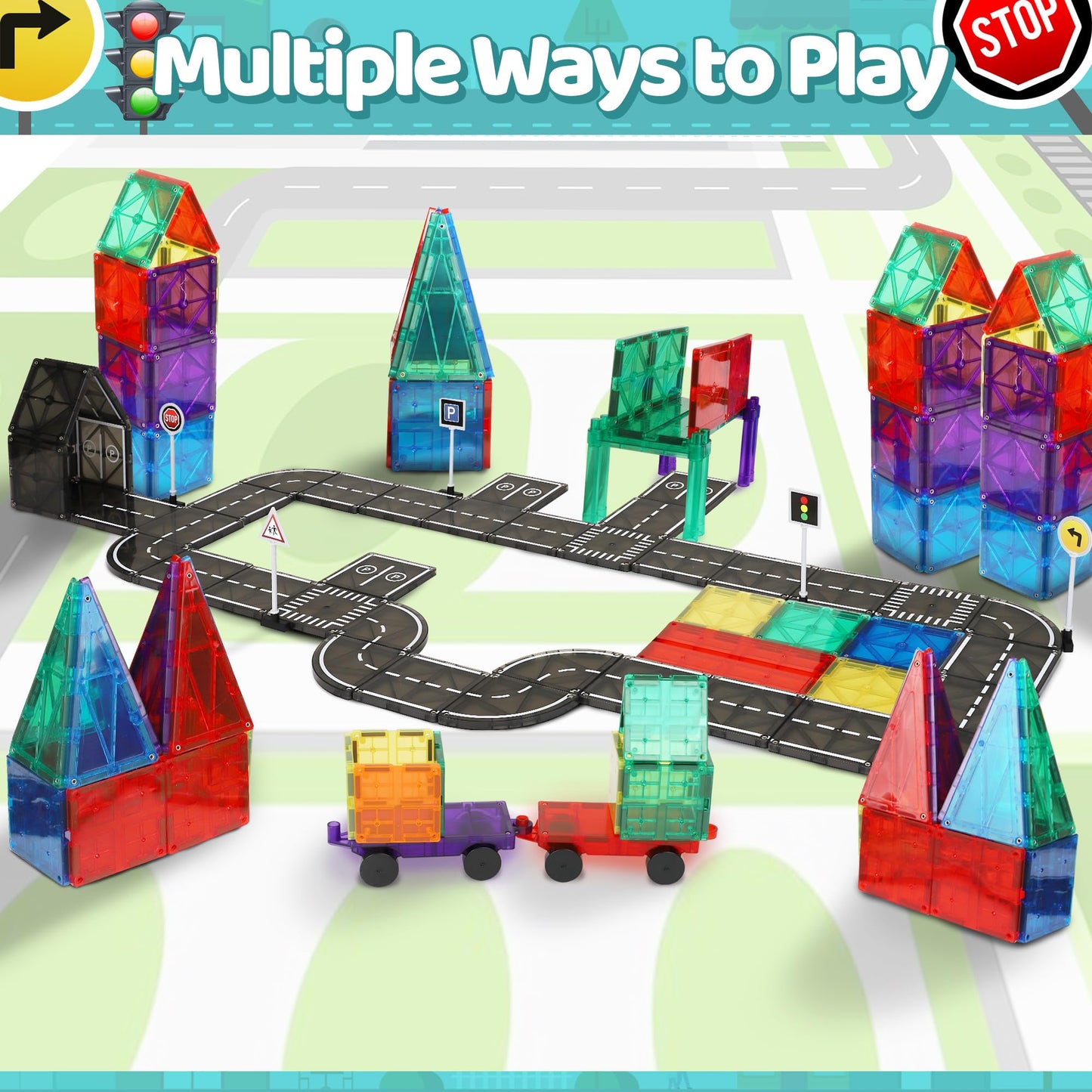 Playmags Magnetic Tile Road Set — 50 Pcs STEM Car Track & Building Tiles