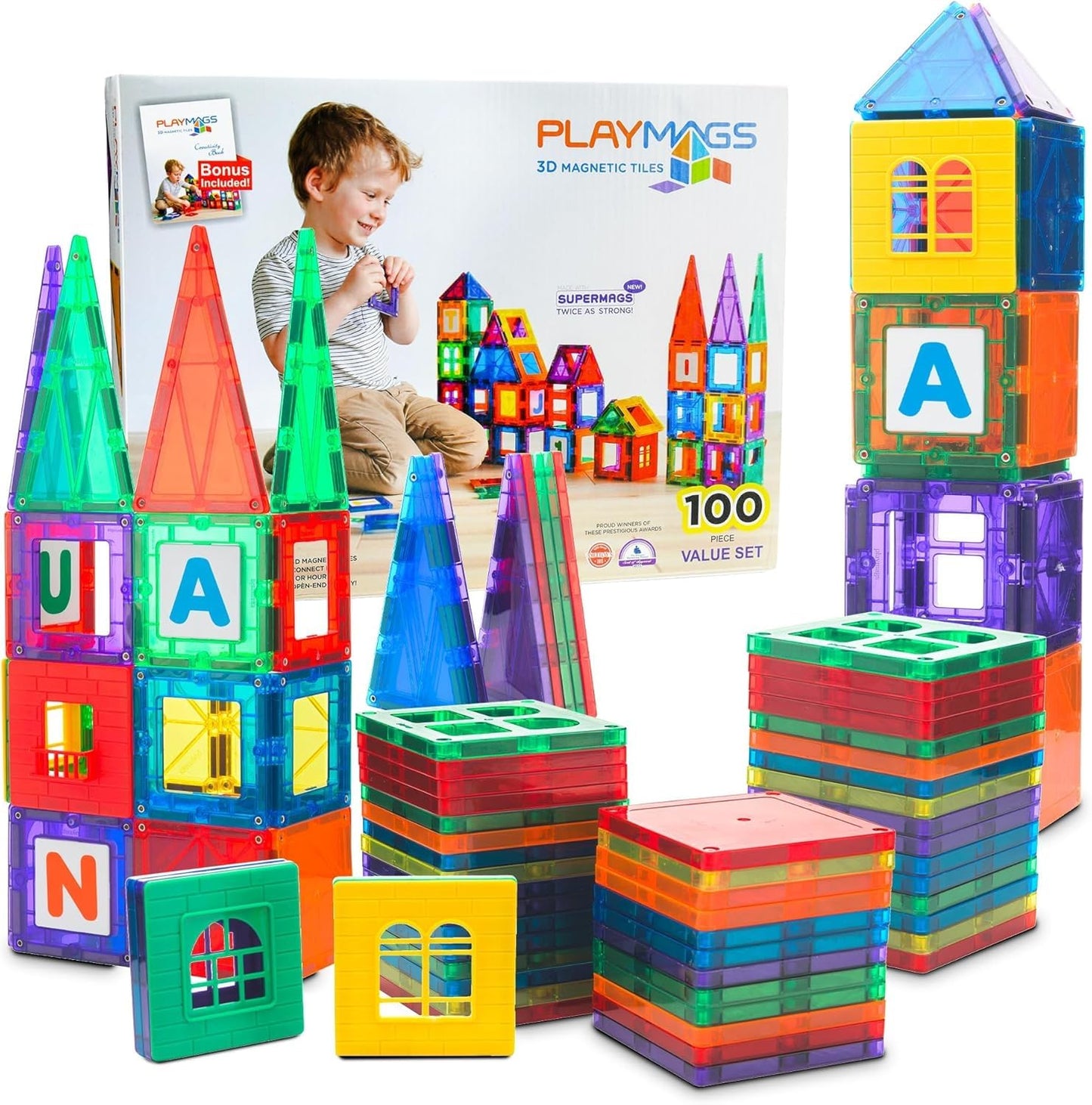 Playmags Magnetic Tiles for Kids – 100-Piece STEM Building Set for Toddlers & Preschool