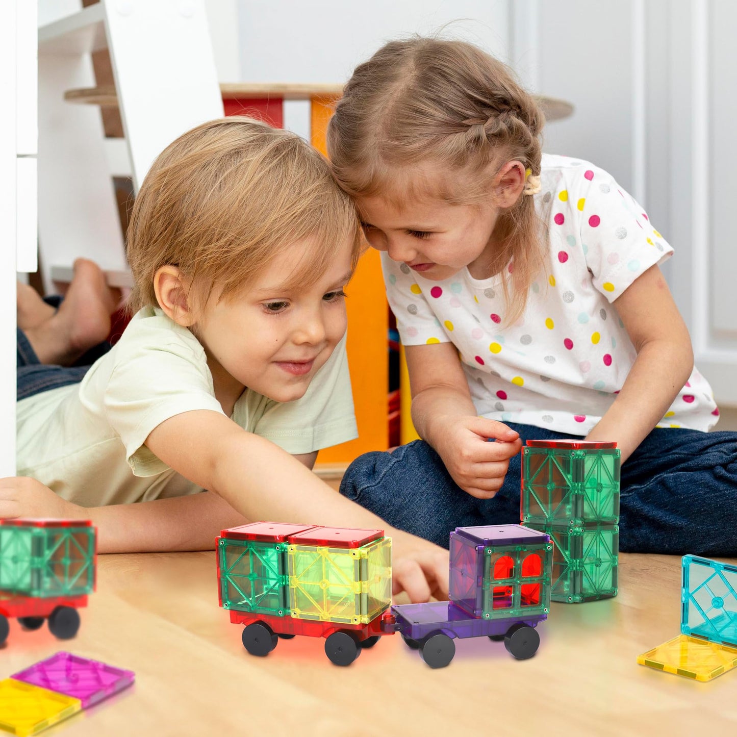 Playmags 2 Piece Car Set – Stronger Magnets, STEM Toy for Kids, Compatible with Magnetic Tiles