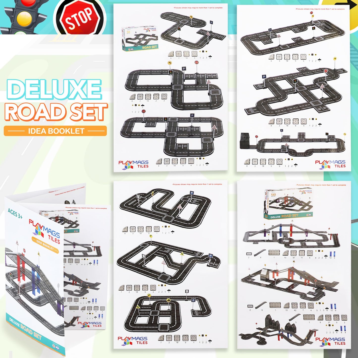 Playmags Magnetic Tile Road Set — 50 Pcs STEM Car Track & Building Tiles